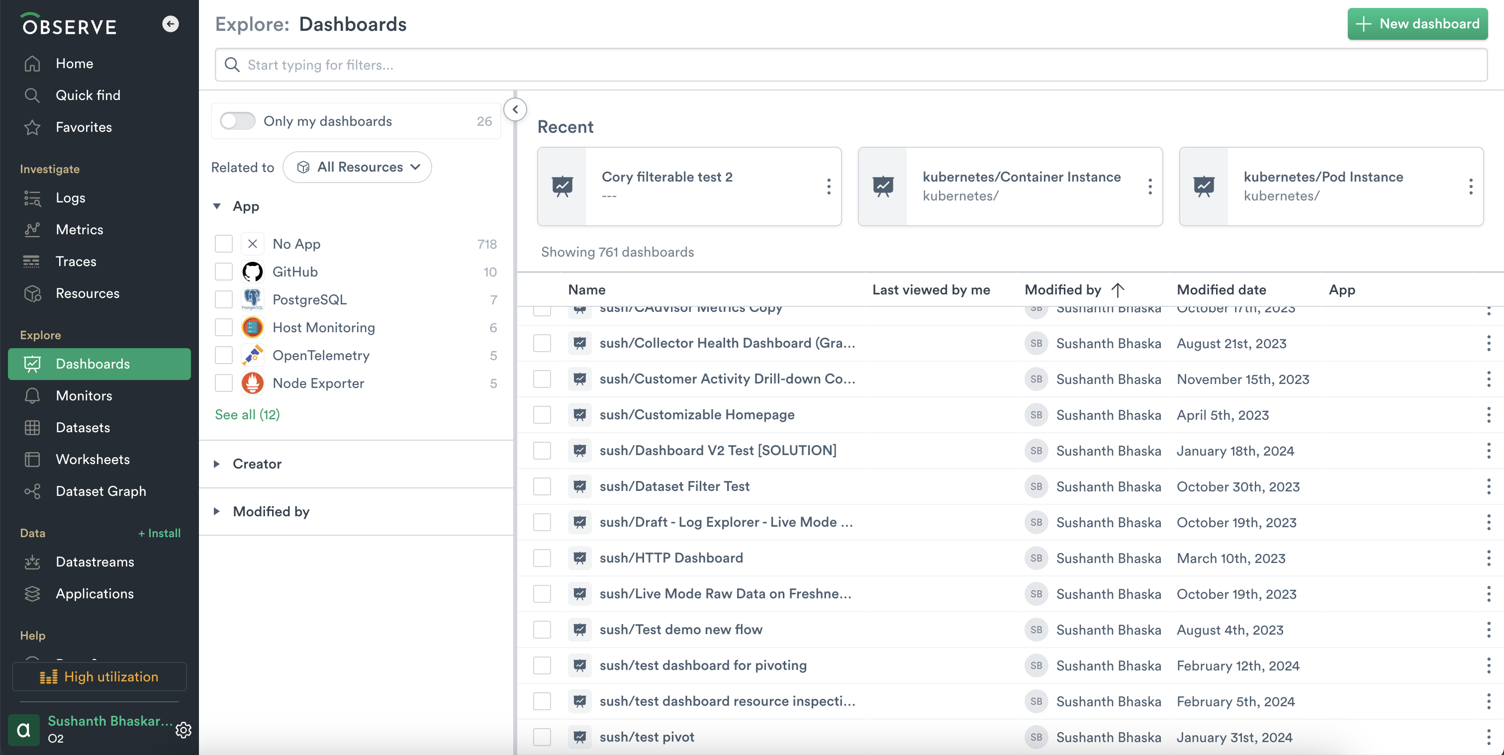 Dashboards Landing Page