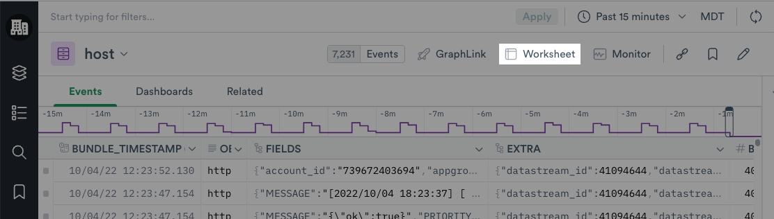 The "host" dataset. Columns include BUNDLE_TIMESTAMP, FIELDS, and EXTRA. The Worksheet button is highlighted.