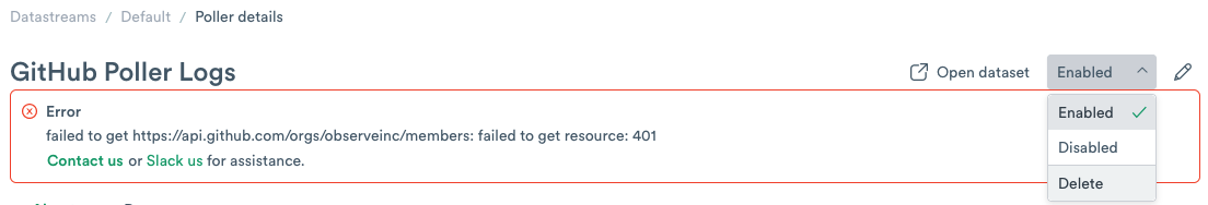 Github poller datastream page with the dropdown menu for enabling, disabling, or deleting the datastream selected. "Delete" is highlighted.