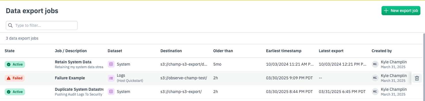 Export Job Delete