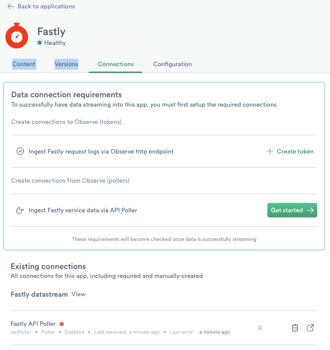 Fastly app connections tab displaying that there is an existing poller.