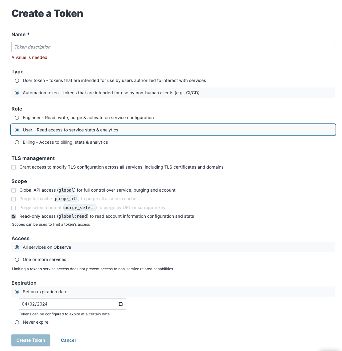 Fastly API Token config
