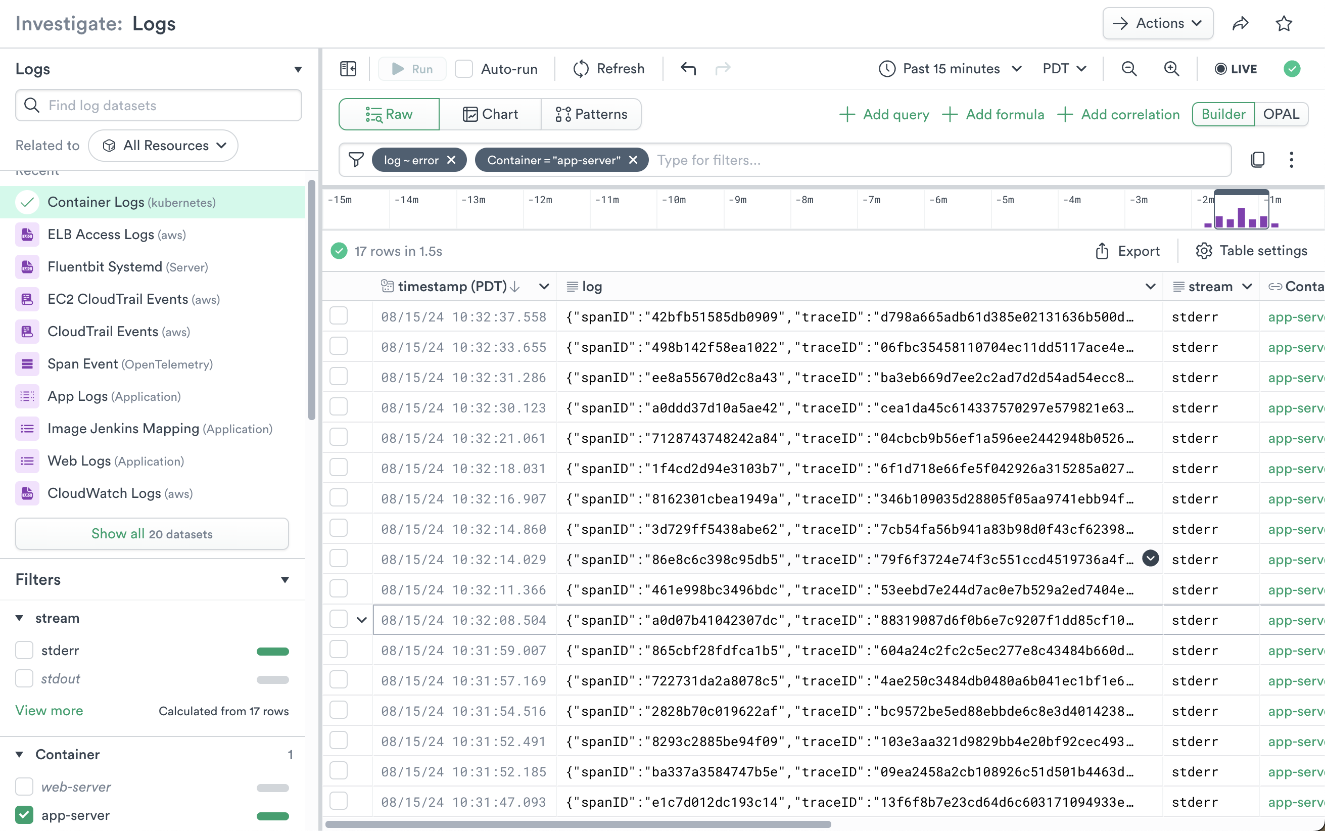 Container Logs with frontend and error Filters