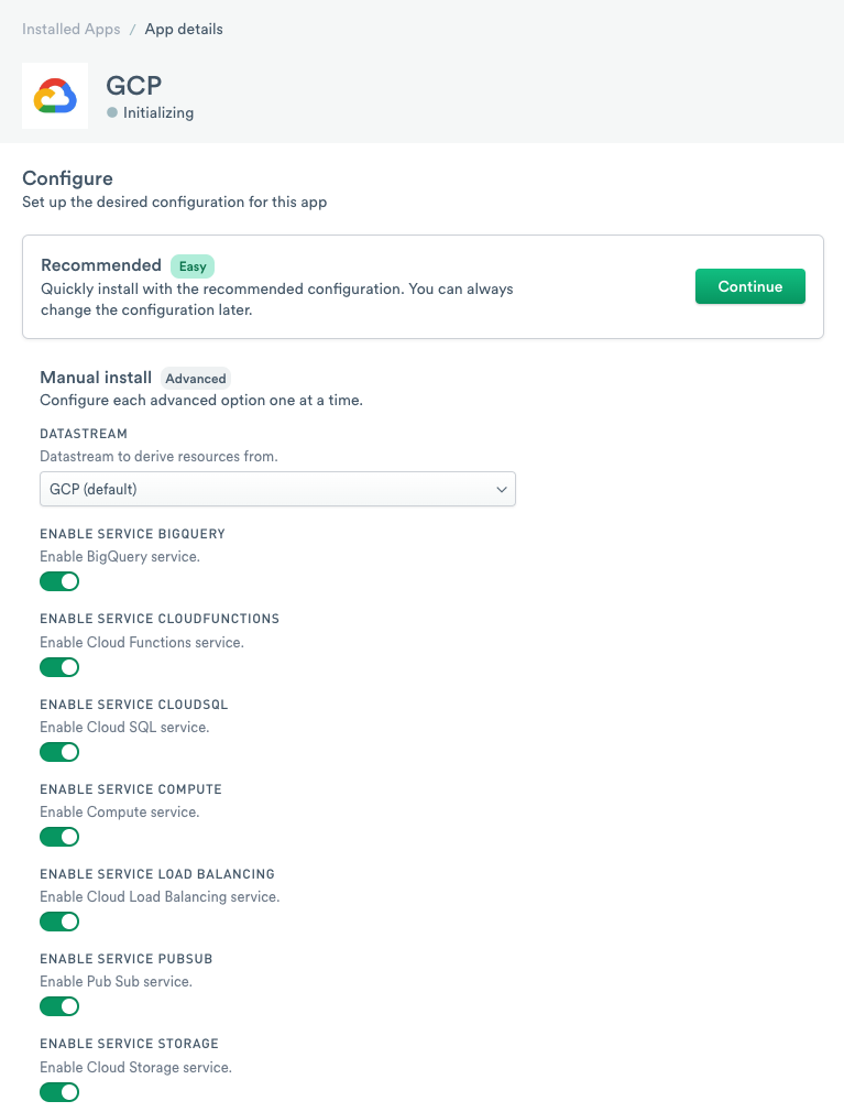 List of available GCP services on Observe