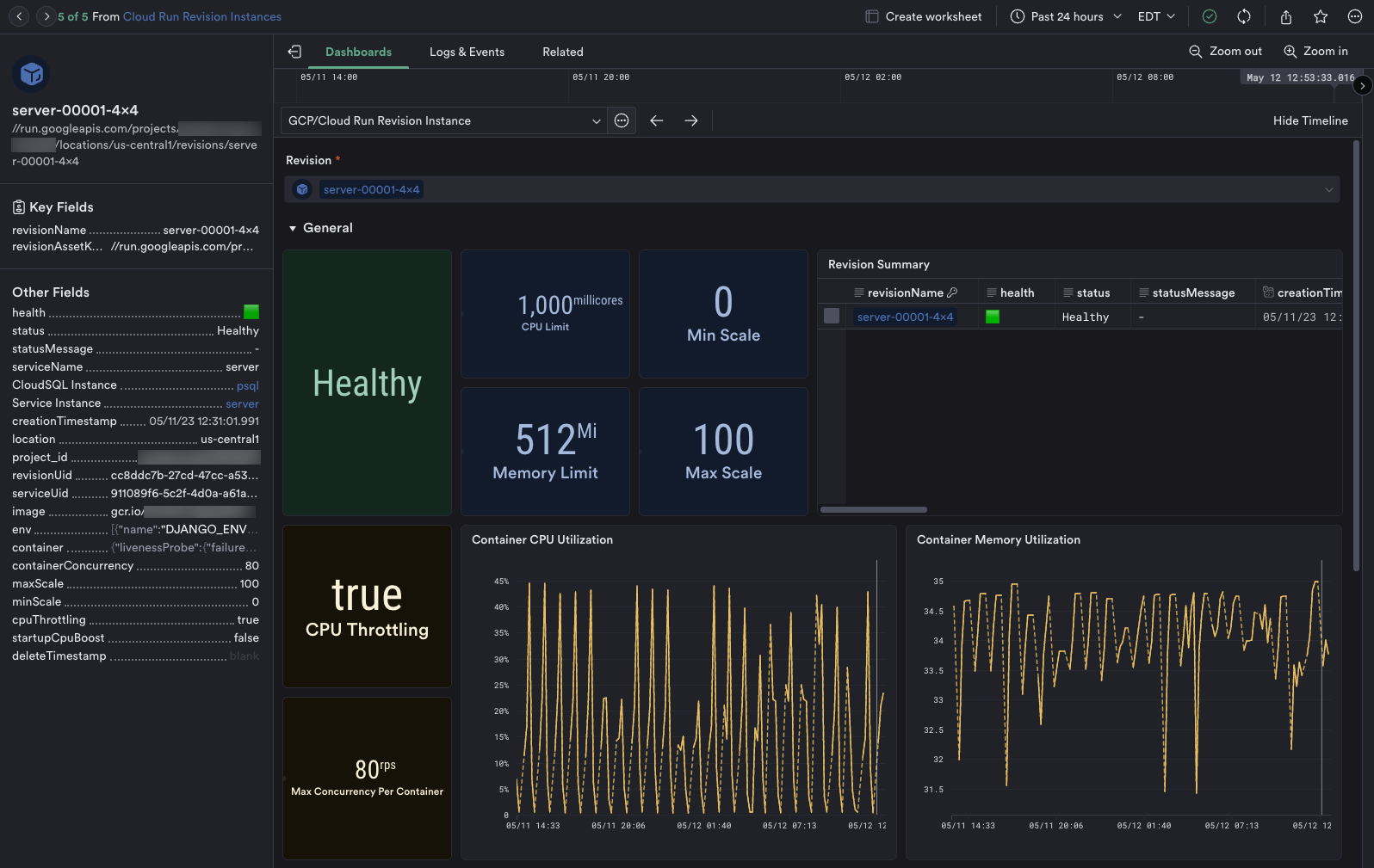 Resource instance view for all monitored Cloud Run revisions.