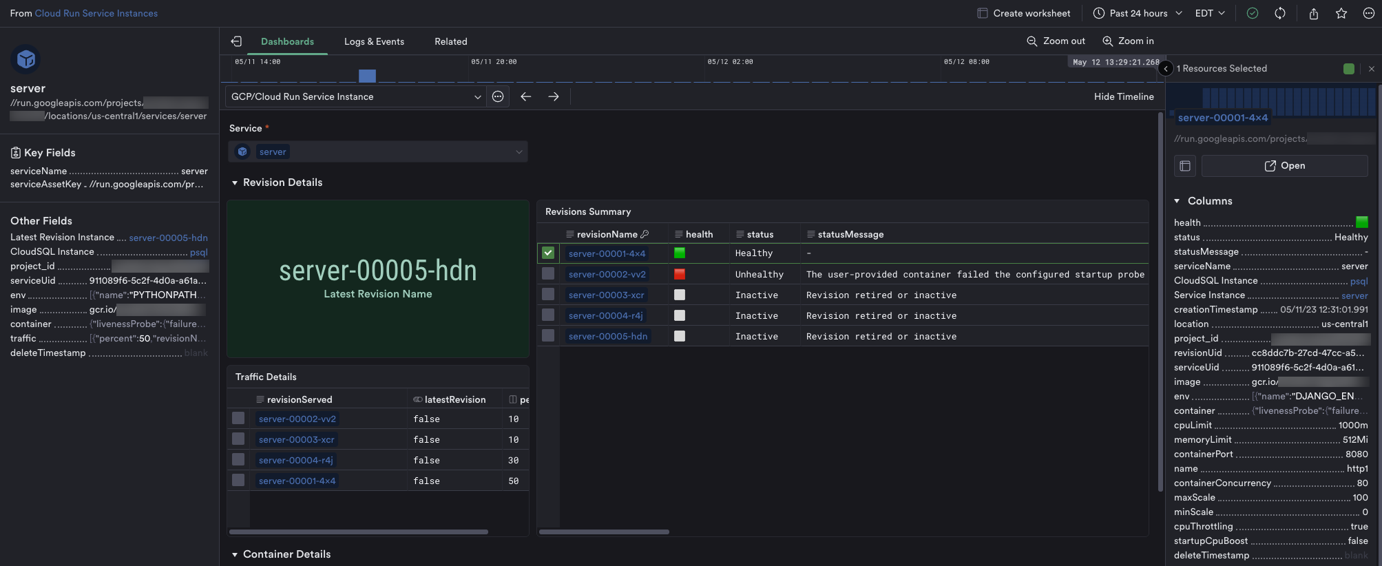Resource instance view for all monitored Cloud Run services.