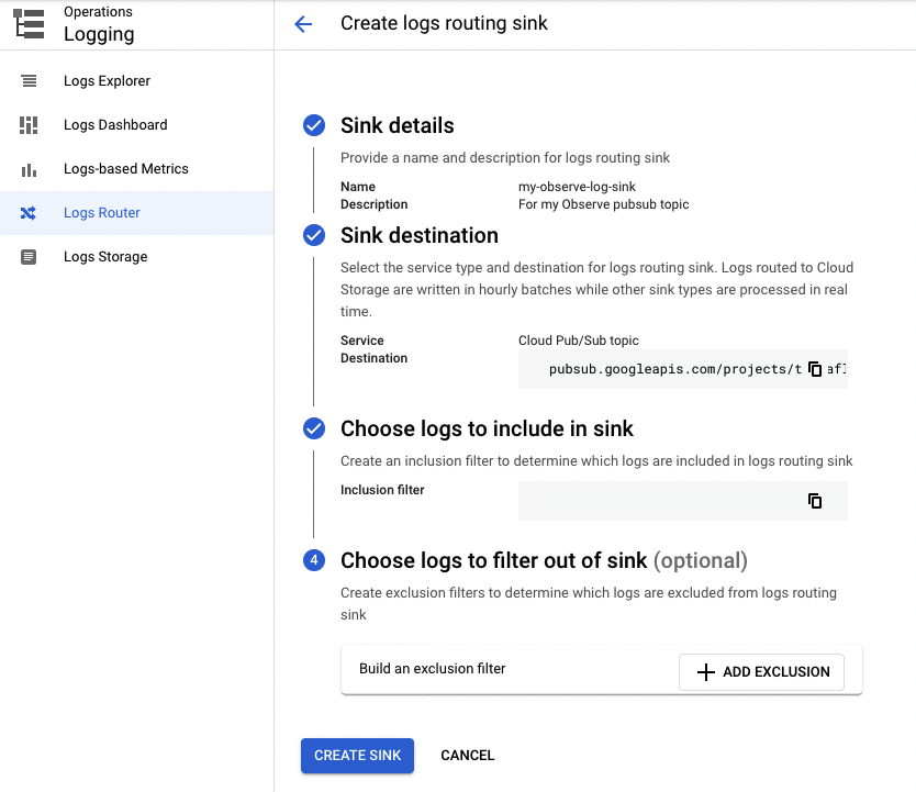 Log sink filters for GCP integrations for Observe