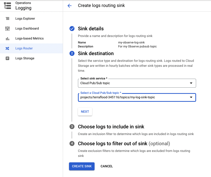 Log sink topic setup for GCP integrations for Observe