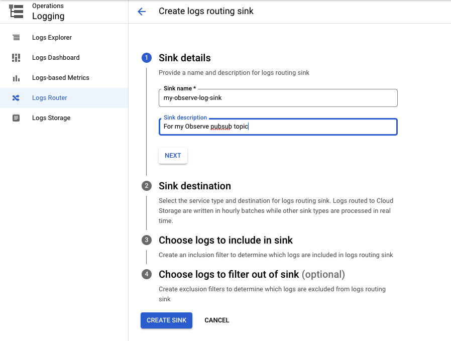 Log sink setup for GCP integrations for Observe