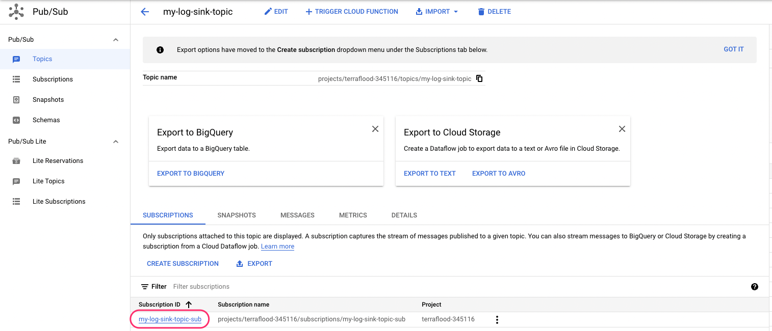 Pub/Sub topic setup for GCP integrations for Observe