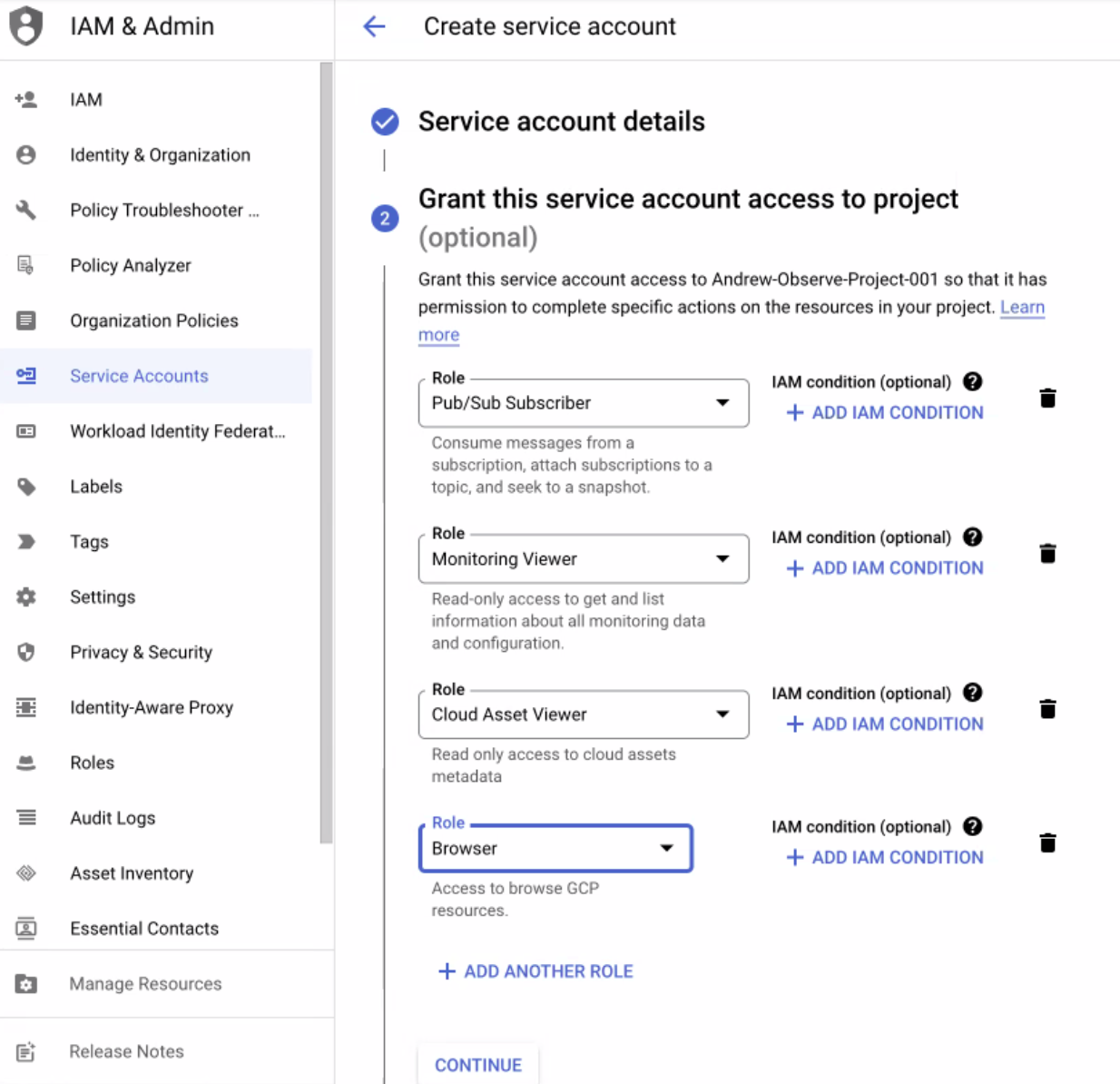 Service Account roles for GCP integrations for Observe