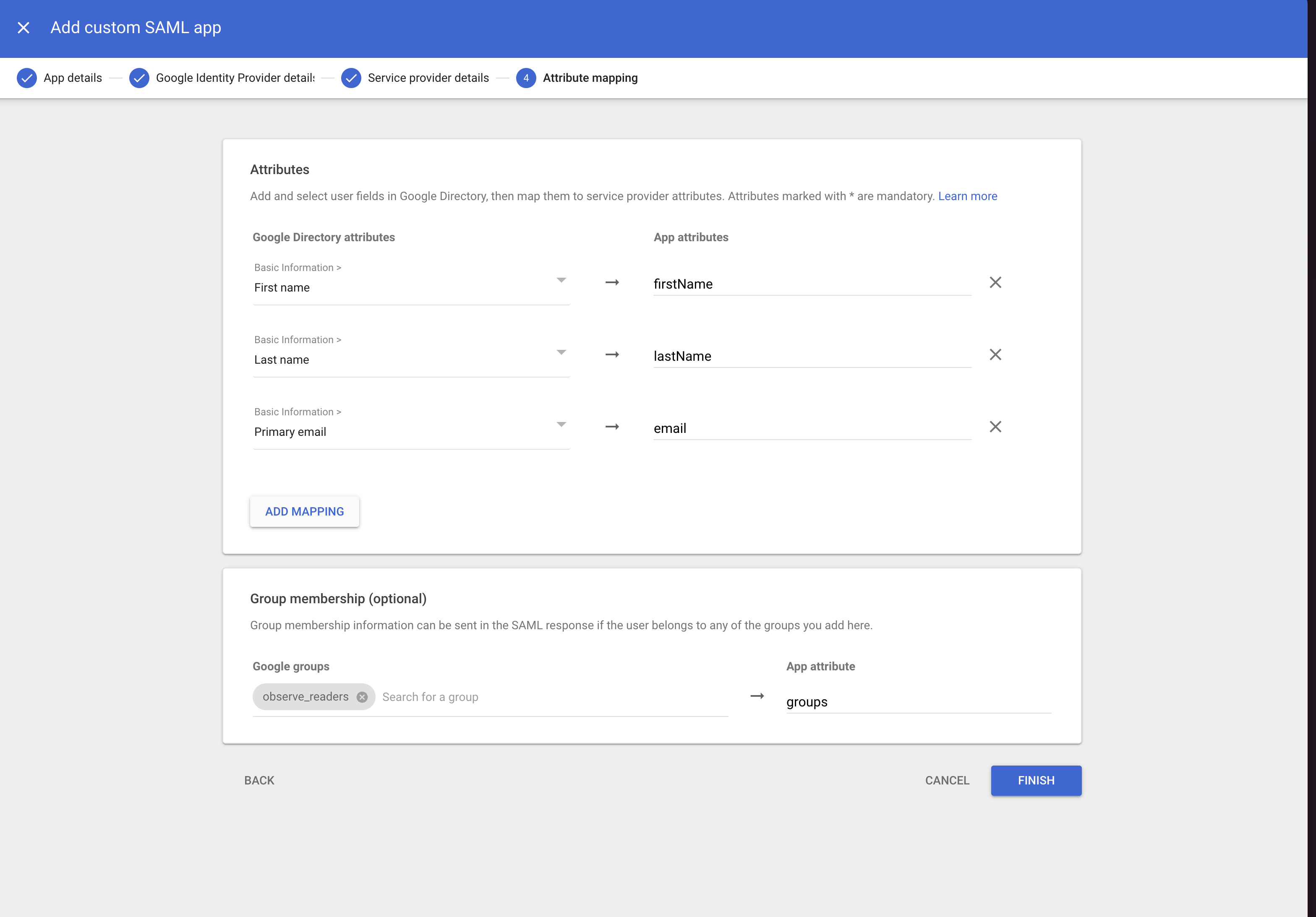 Google SAML Mapping details