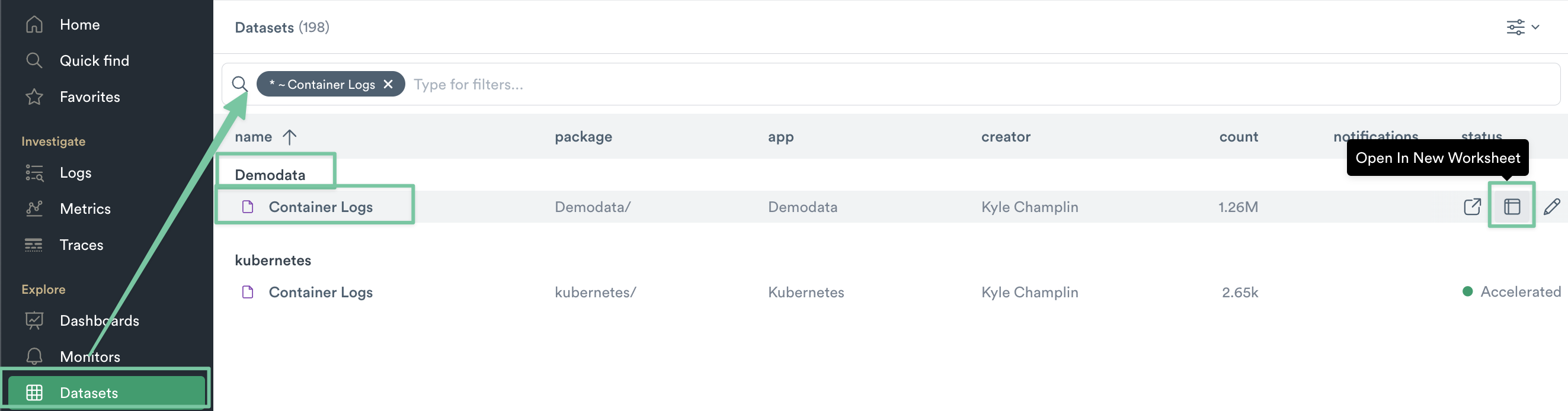 Container Logs open in Worksheet