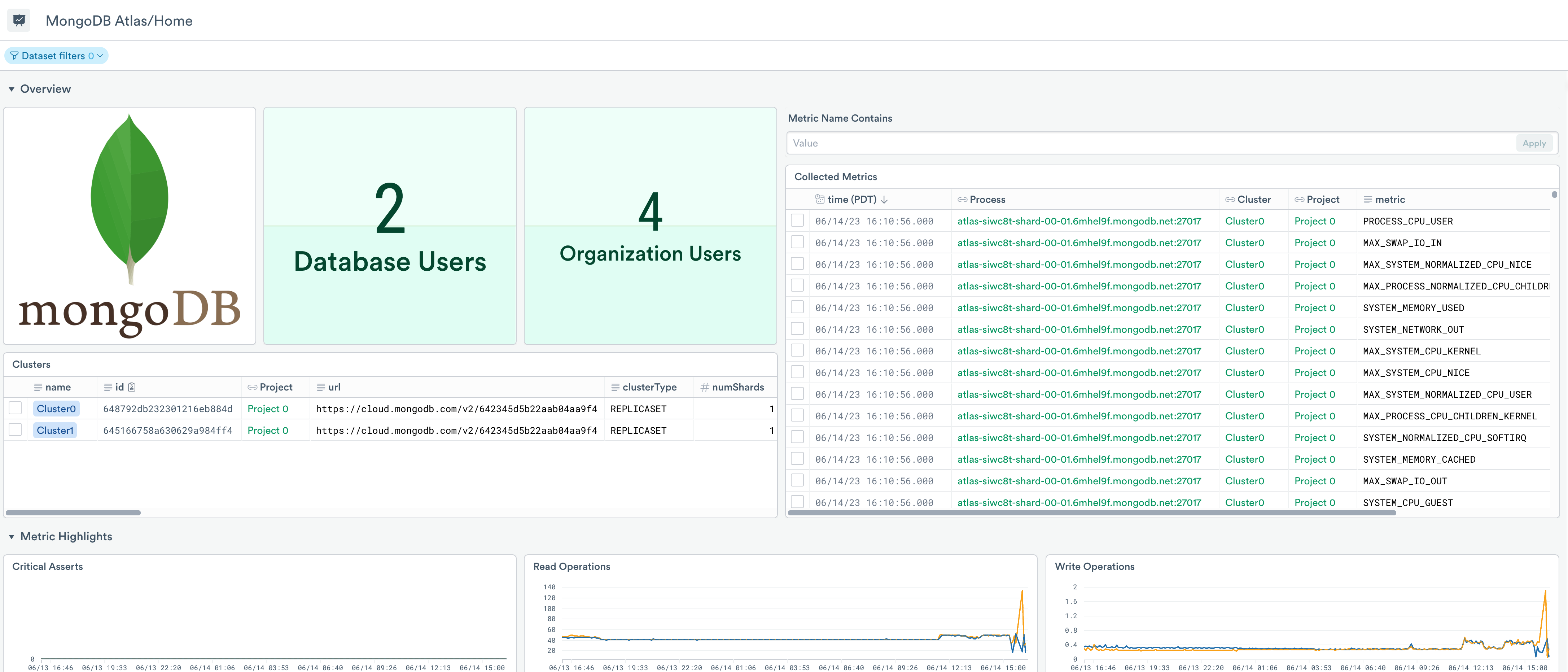 Home dashboard for MongoDB Atlas.