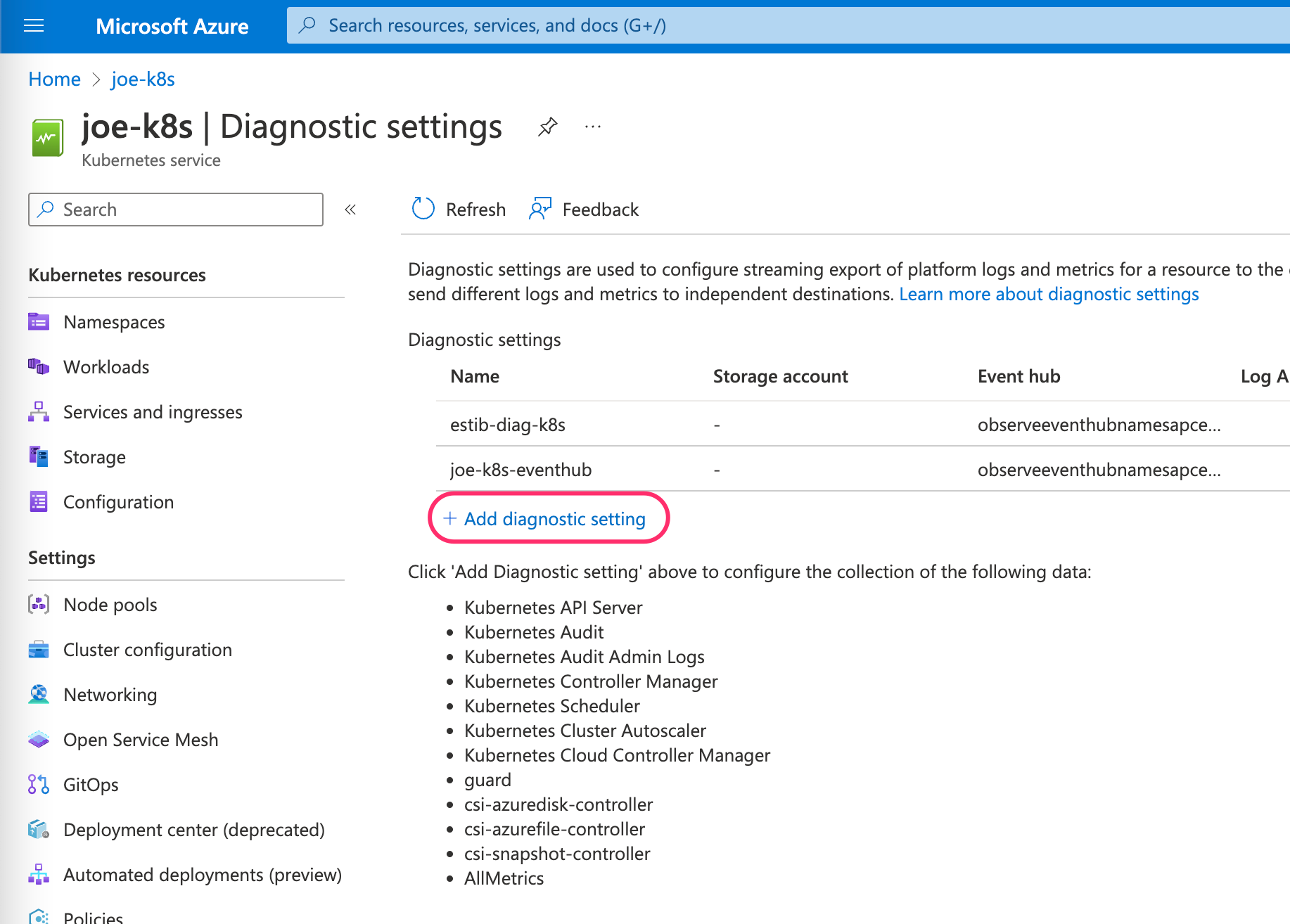Adding Diagnostic Settings