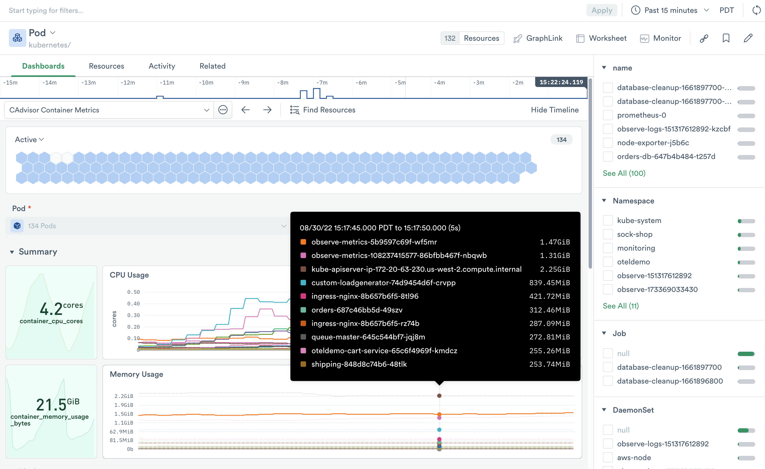 Pod memory usage metrics on the Pod dashboard