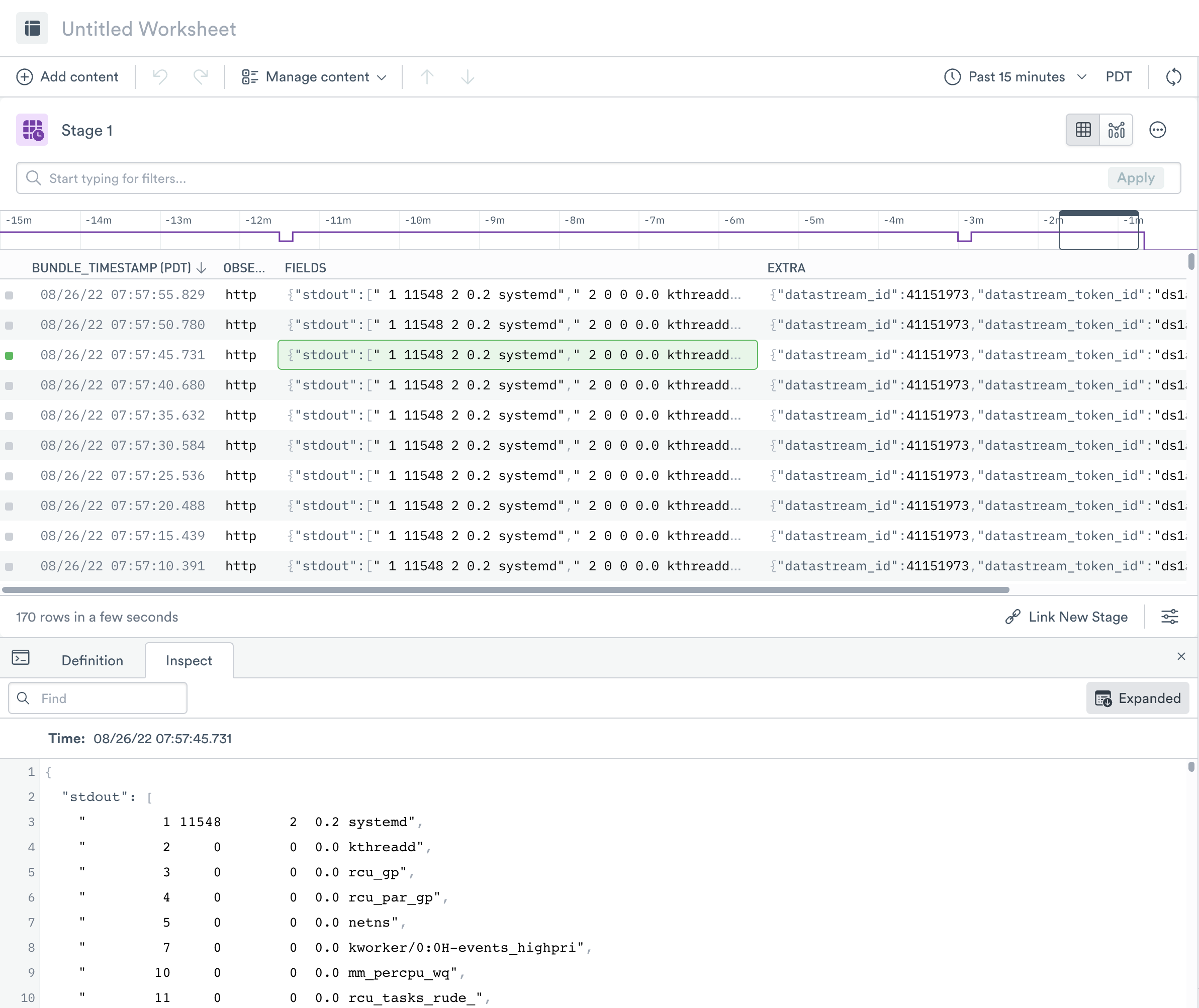 The metrics-test event dataset, opened in a new worksheet. Fields shown in the data table include BUNDLE_TIMESTAMP, FIELDS, and EXTRA. The Inspect tab of the OPAL console shows part of the value for the highlighted FIELDS row. It is a large JSON object containing the process ID, Resident Set Size, and name for each sampled process.