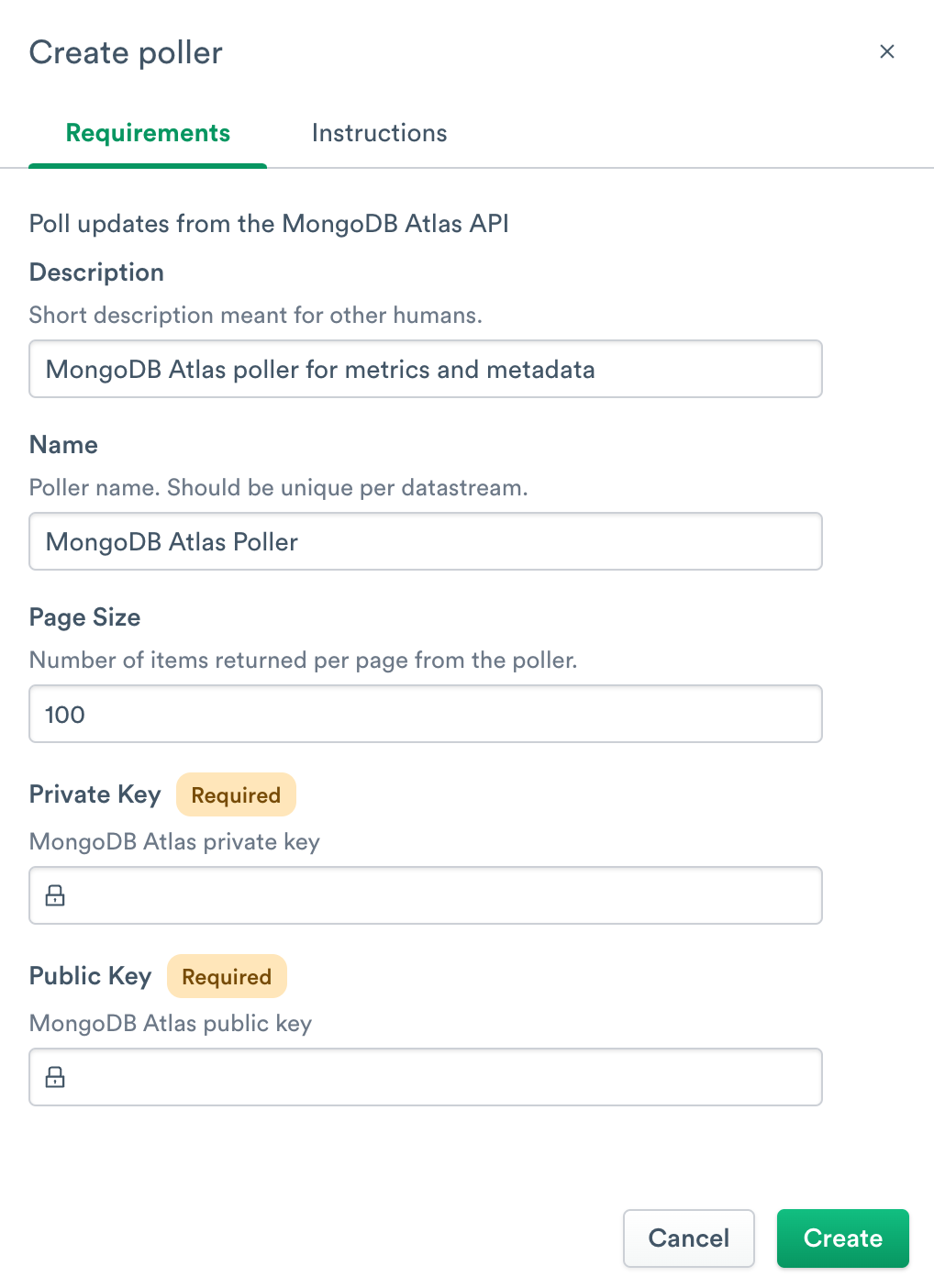 MongoDB App poller configuration page on the Observe website.