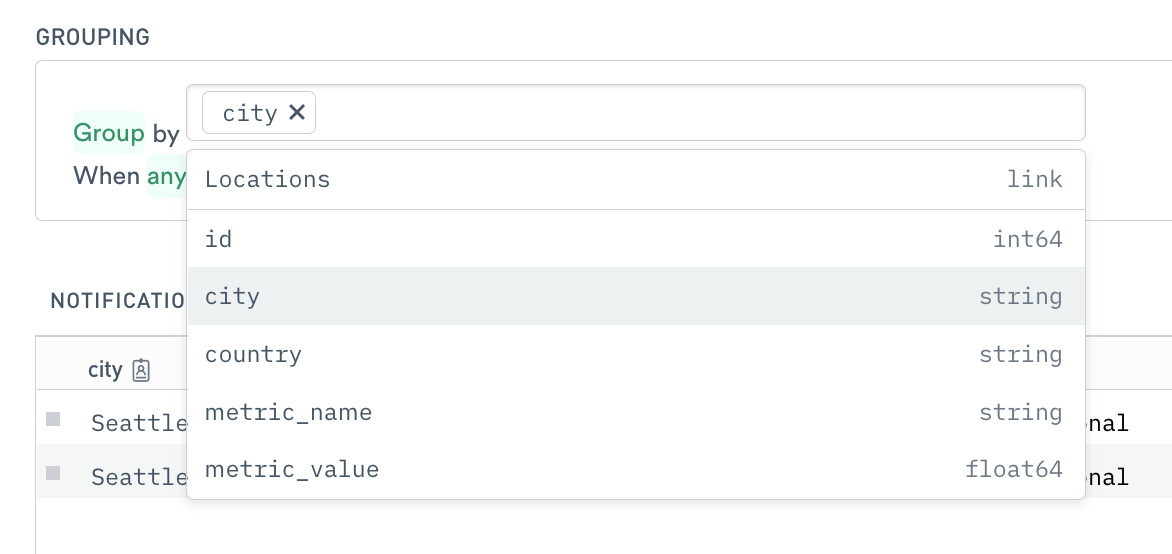 Group by City, menu with field City selected