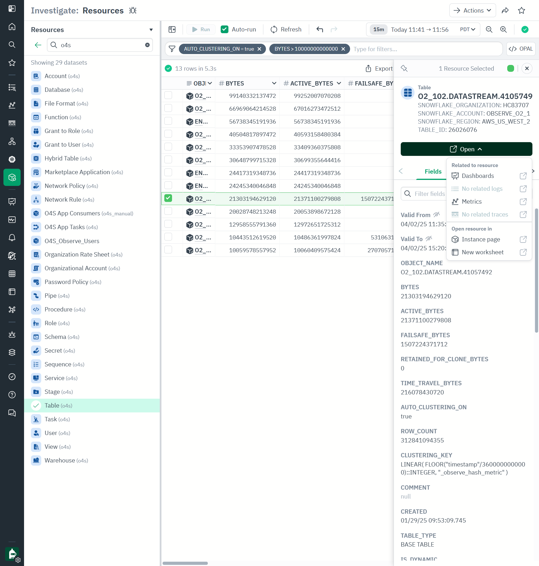 Observe For Snowflake - Resource Explorer for Tables