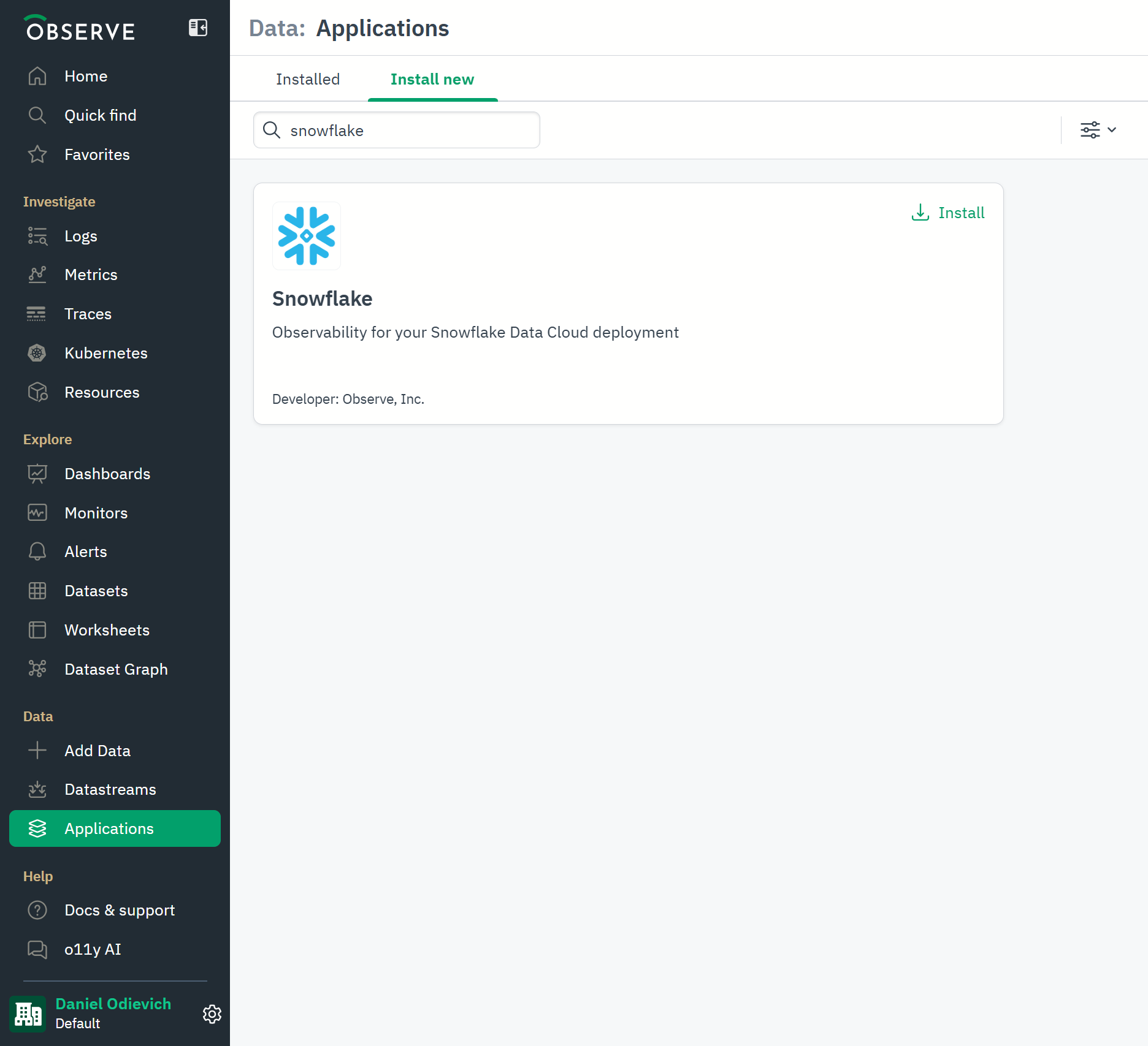 Observe For Snowflake - Install Integration in Observe