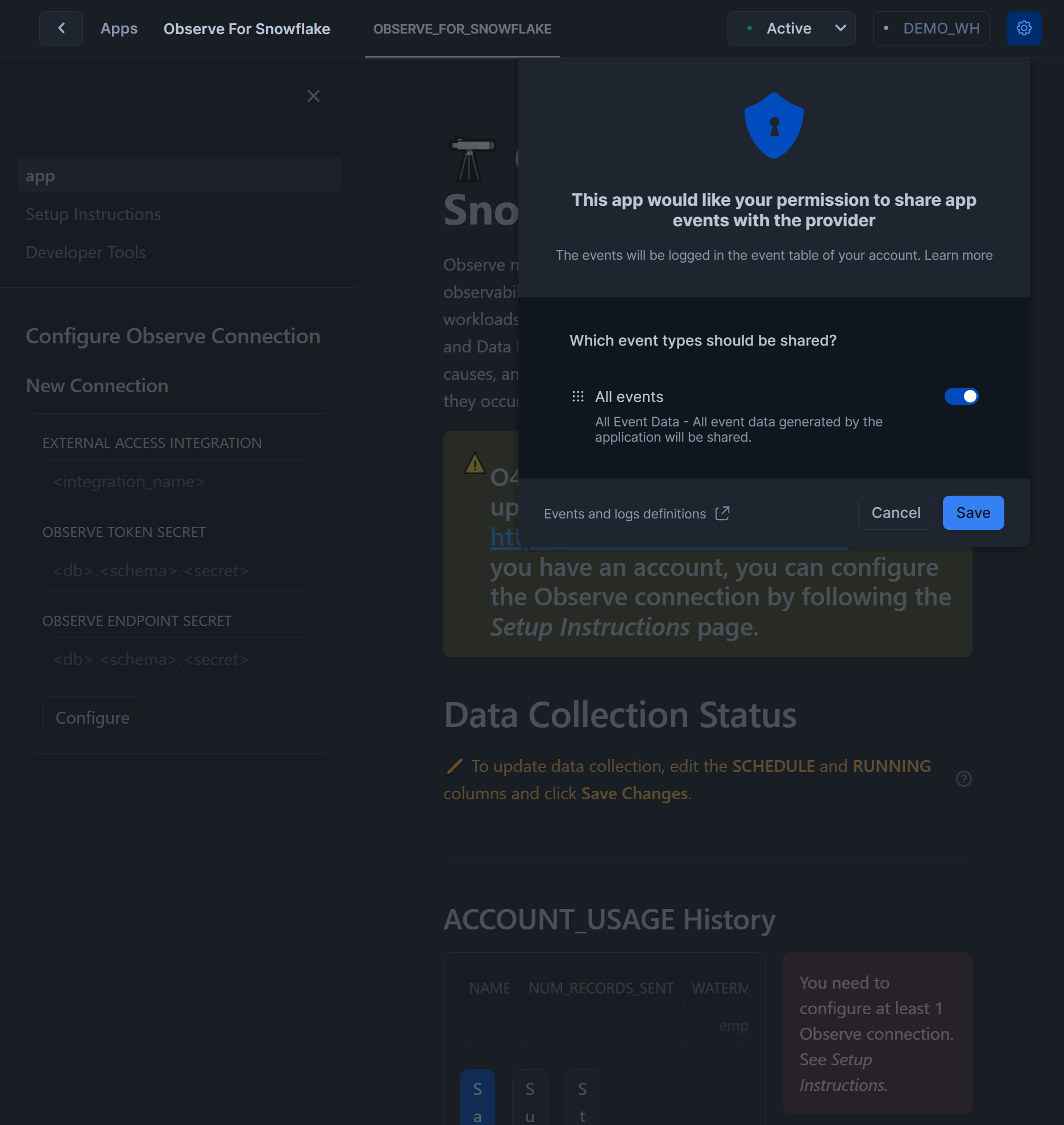 Observe For Snowflake - Configure Event Sharing