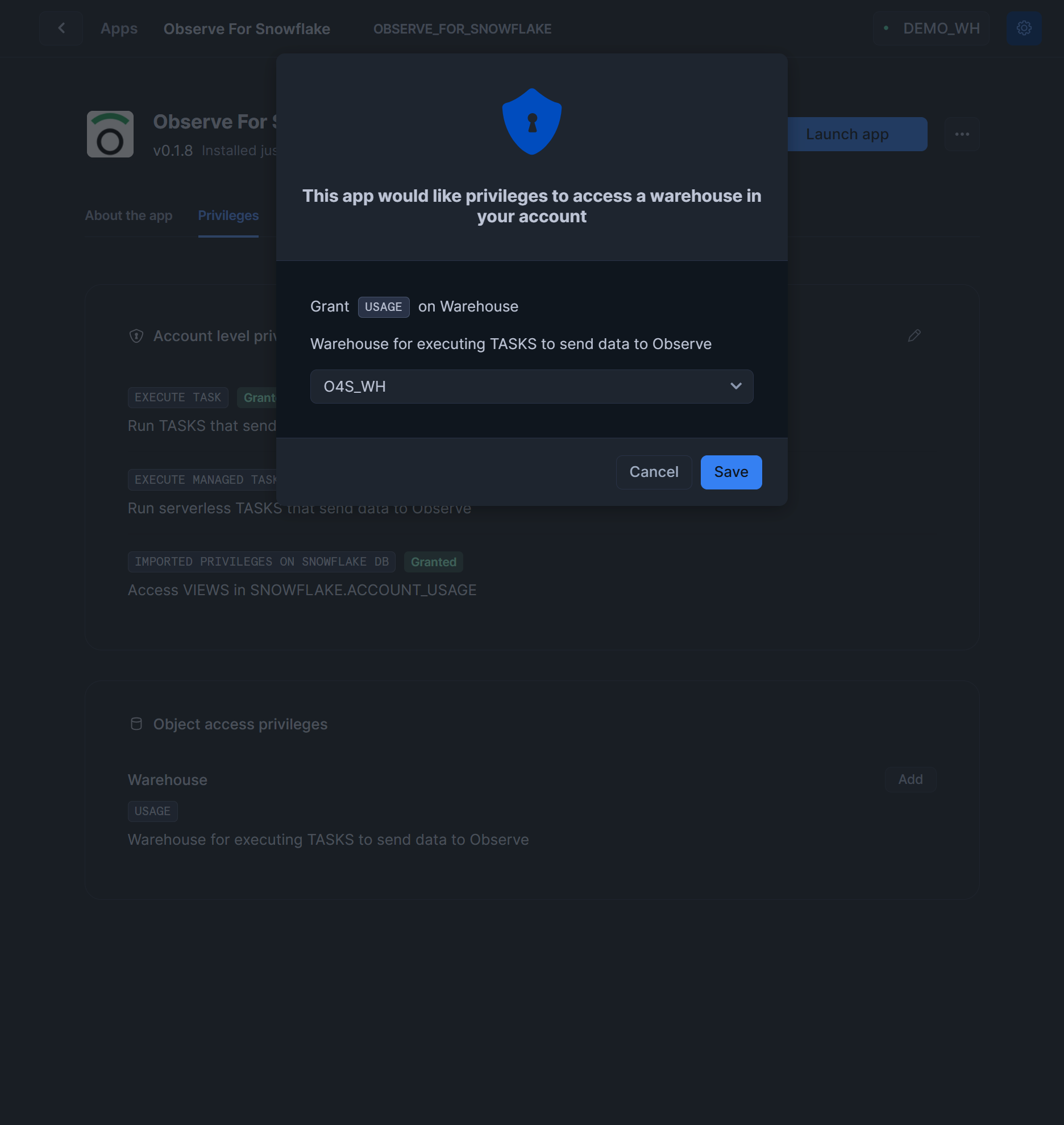 Observe For Snowflake - Configure Warehouse Reference