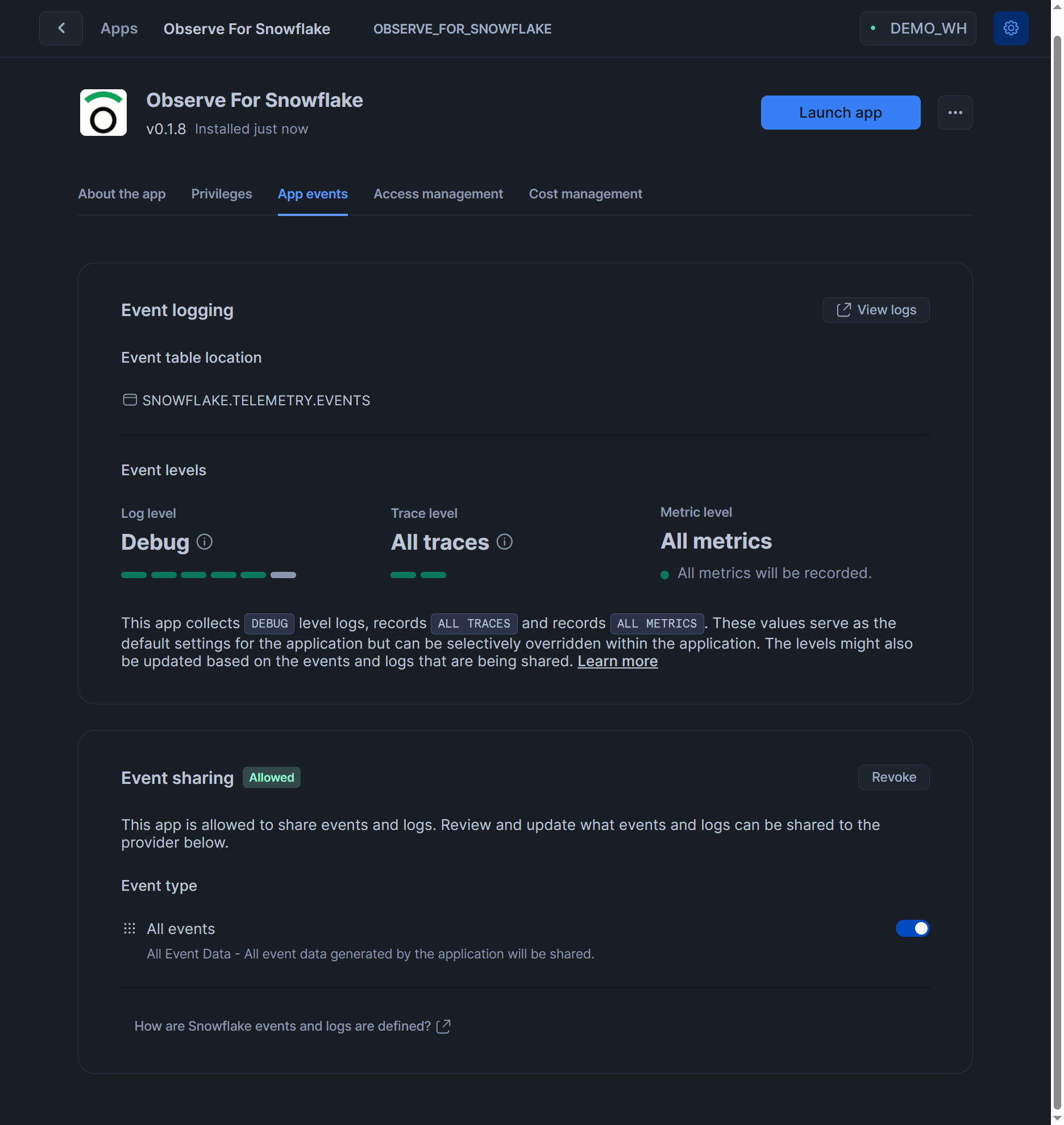 Observe For Snowflake - Configuration Summary - Event Sharing