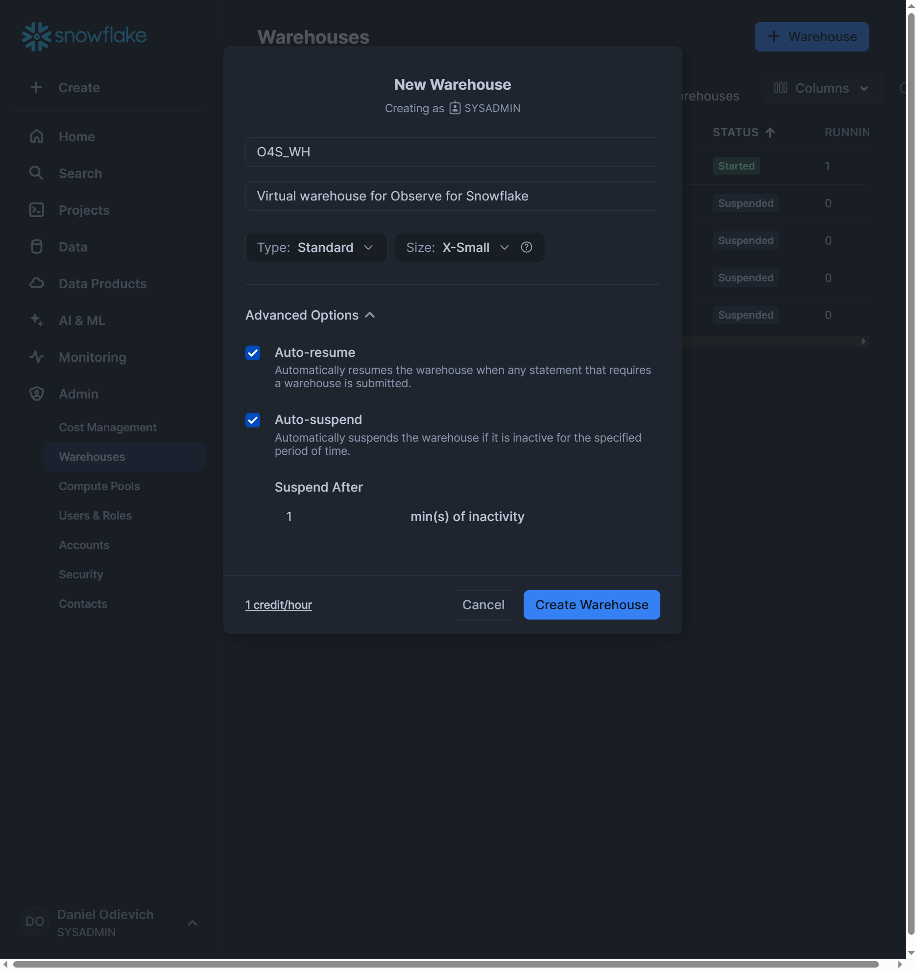 Observe For Snowflake - Create Virtual Warehouse