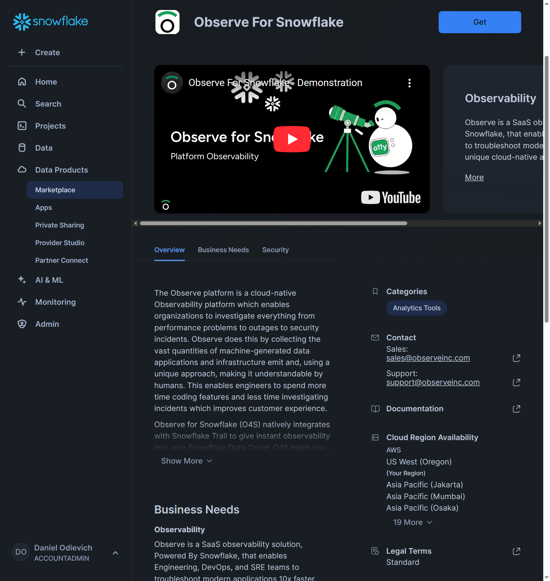 Observe For Snowflake - Marketplace Listing