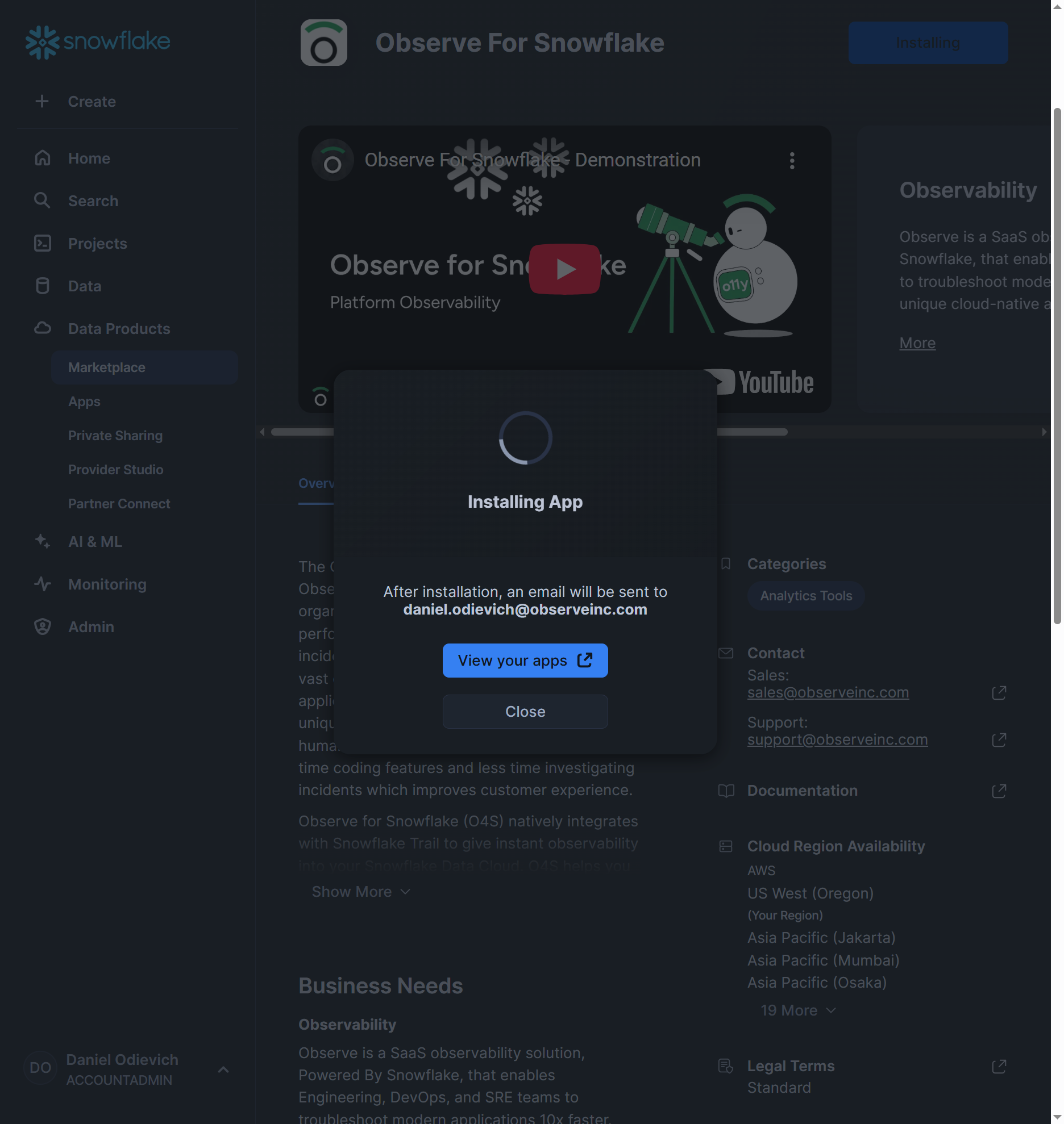 Observe For Snowflake - Get Application Pending Dialog