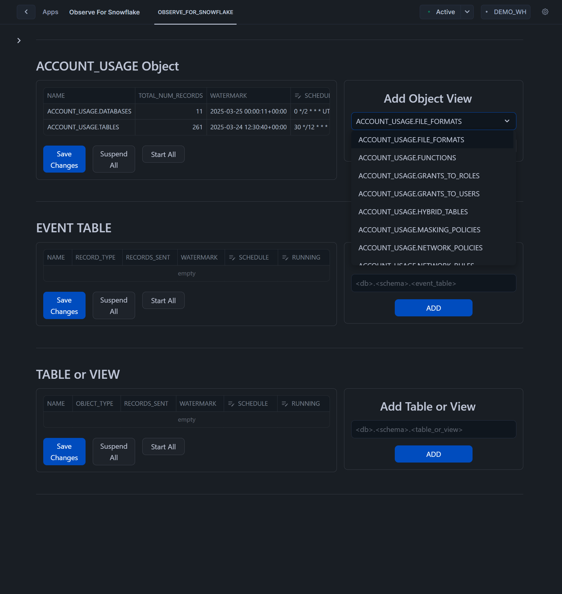 Observe For Snowflake - Add Object View