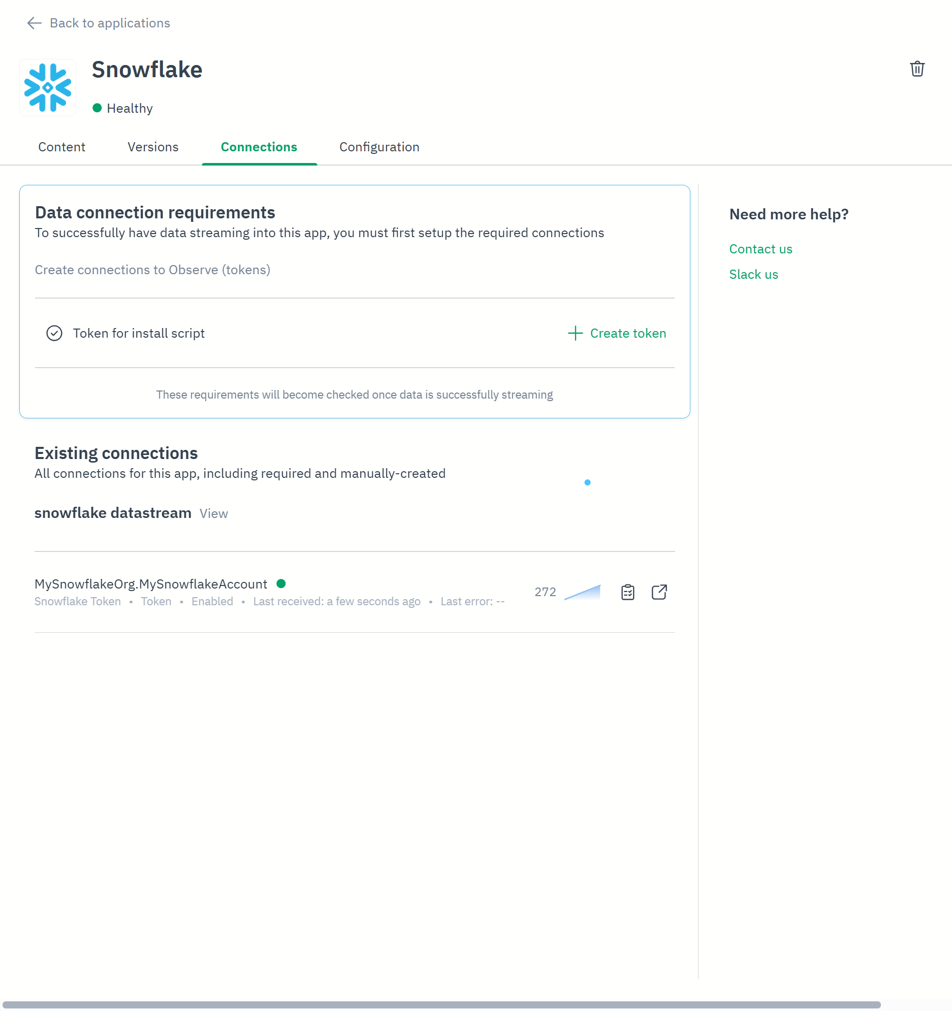 Observe For Snowflake - Token Receiving Data