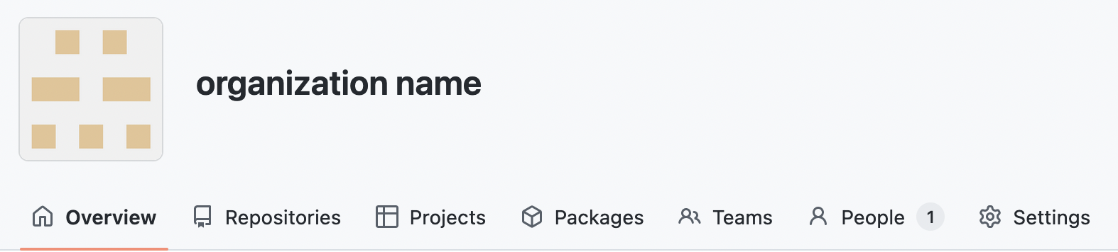 GitHub home page for an Organization, showing the tabs for Organization management.