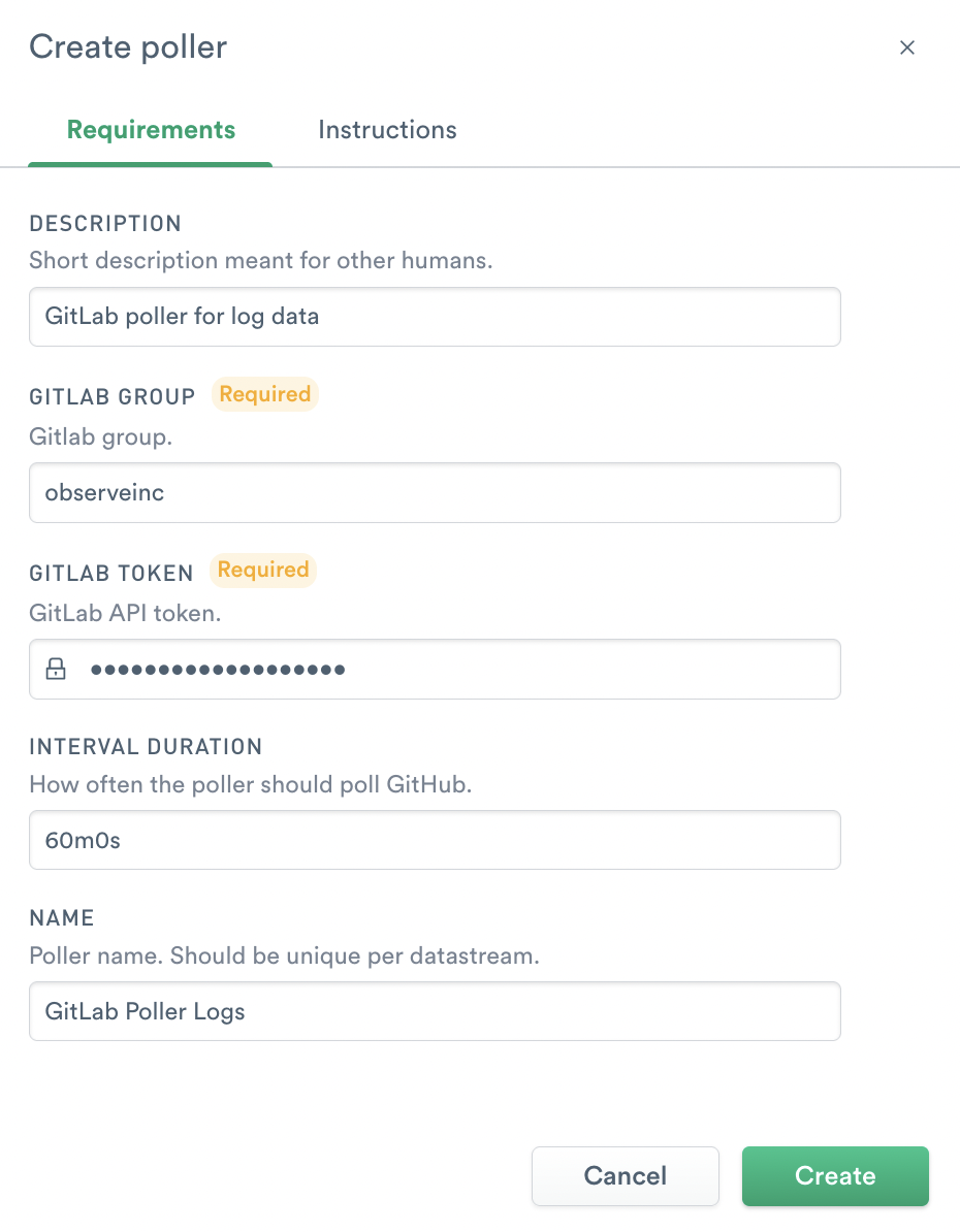 GitLab poller configuration page on the Observe website.
