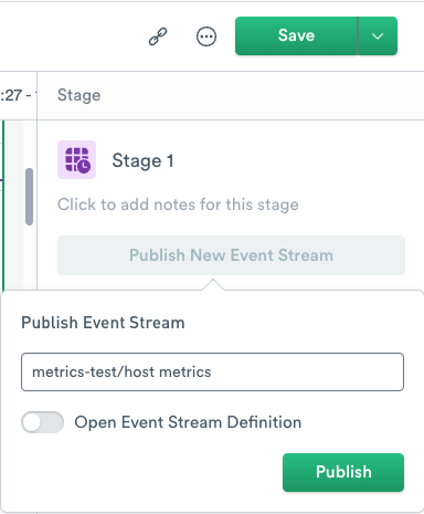 Right rail with the Publish Event Stream dialog open.