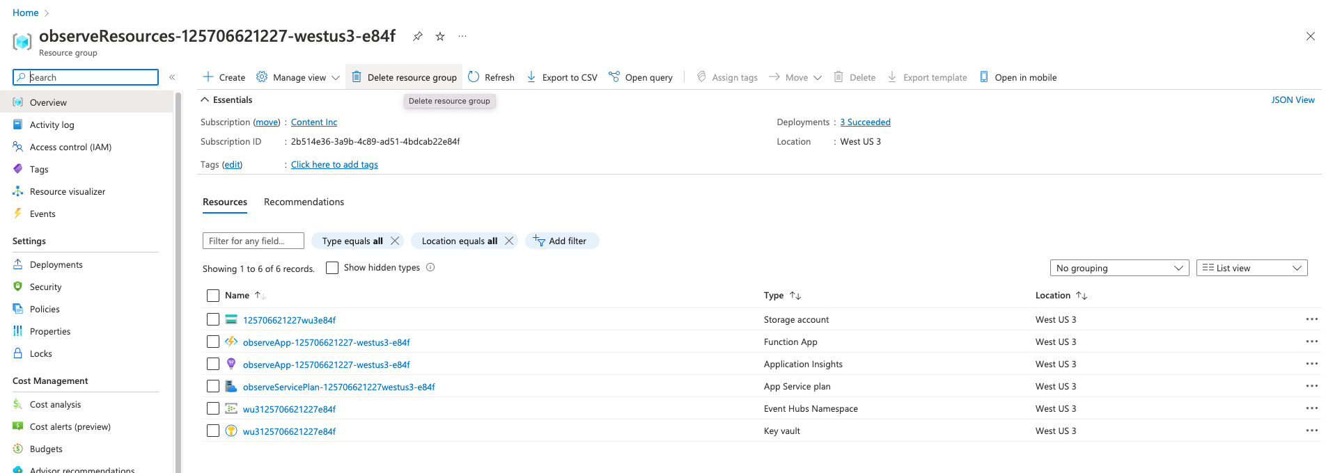 Removing the Observe Resource Group