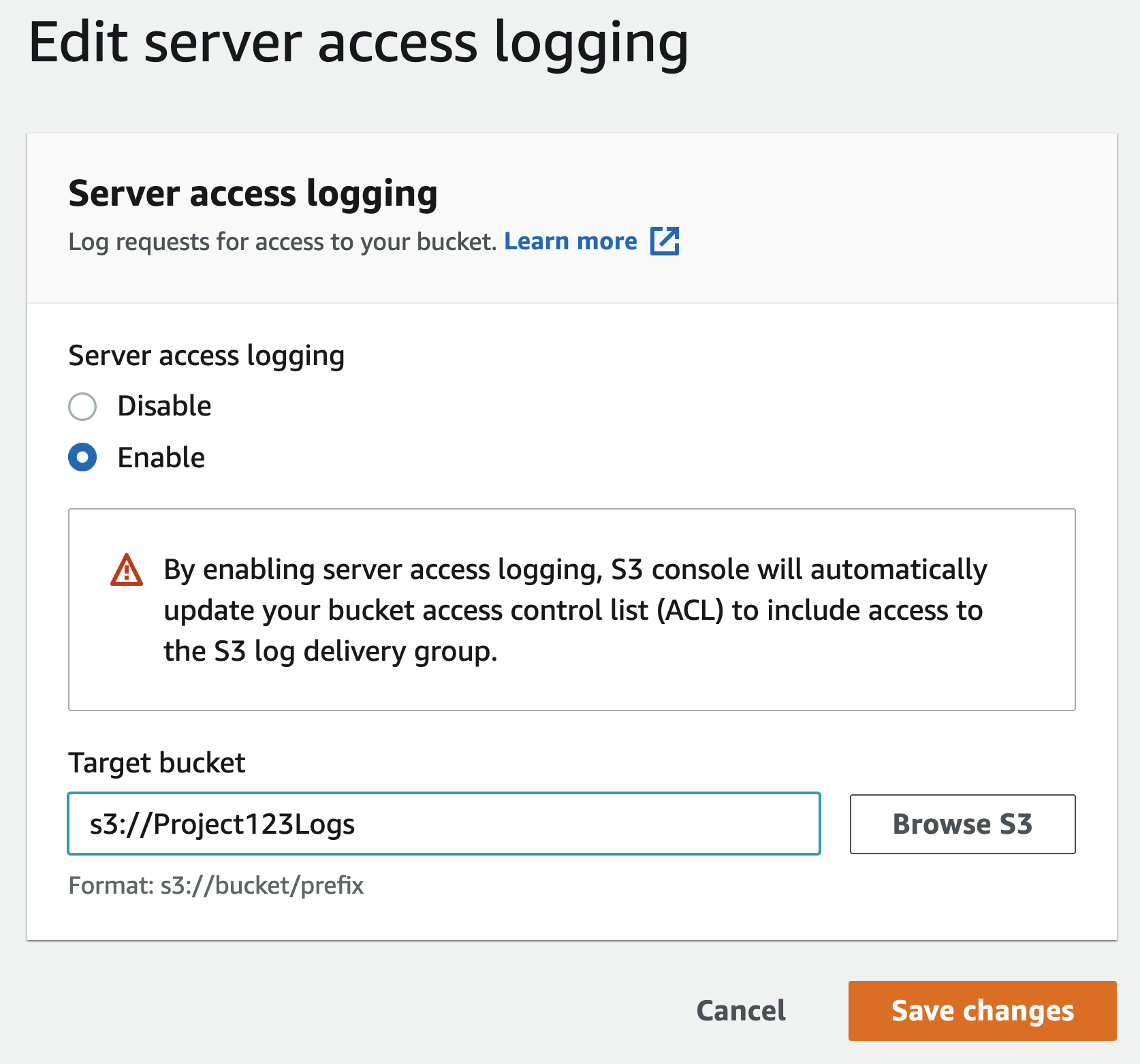 Editing server access logging in the AWS Console