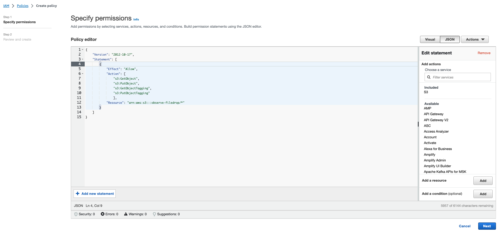 Specifying Permissions for the Policy