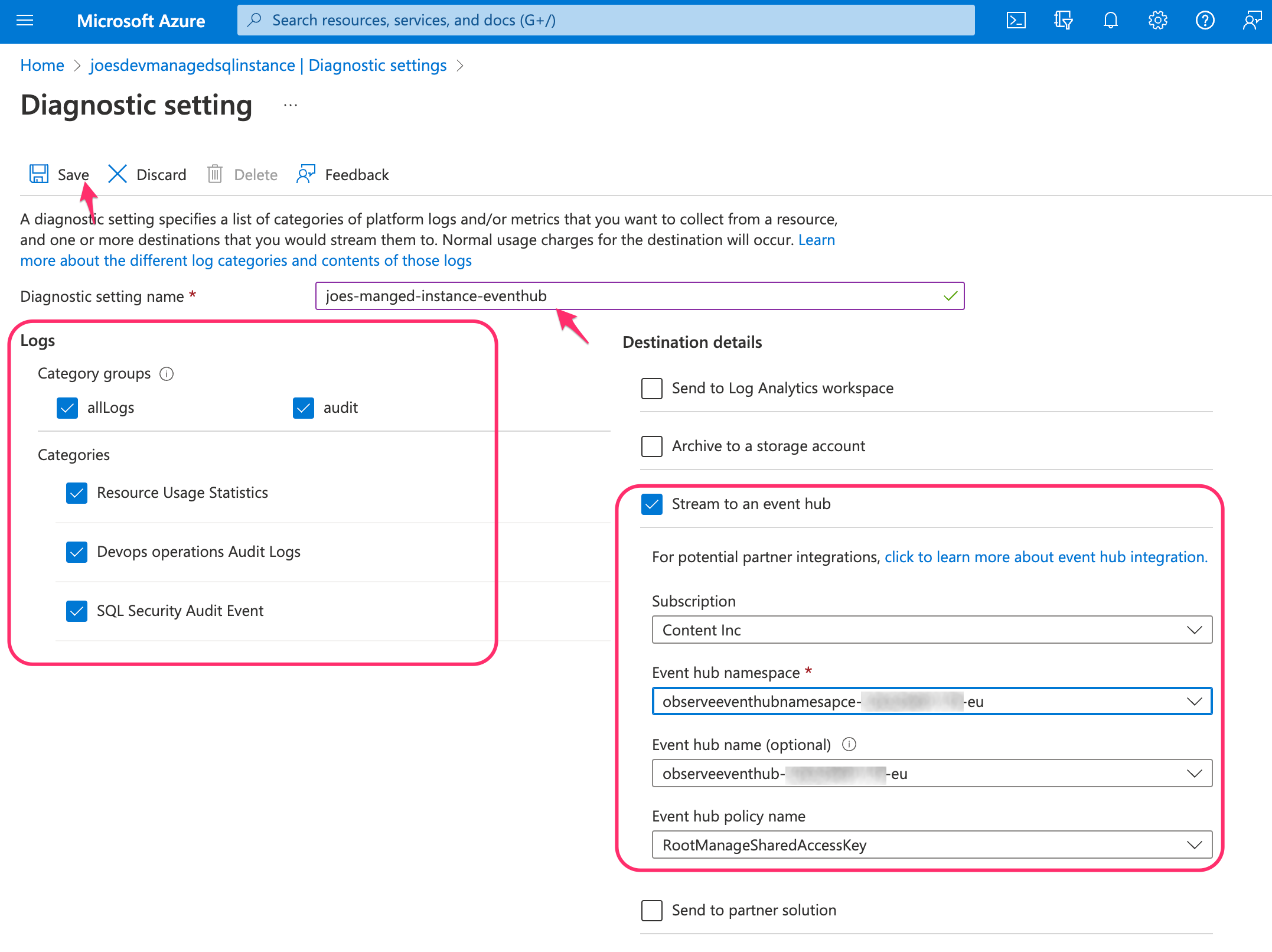 SQL managed instances Diagnostic Settings