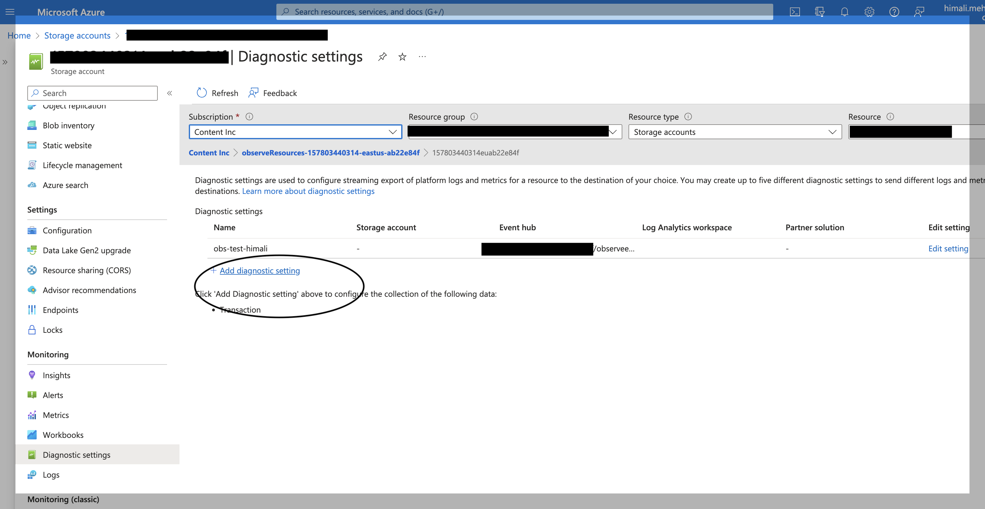 Storgae Account Add Diagnostic Settings