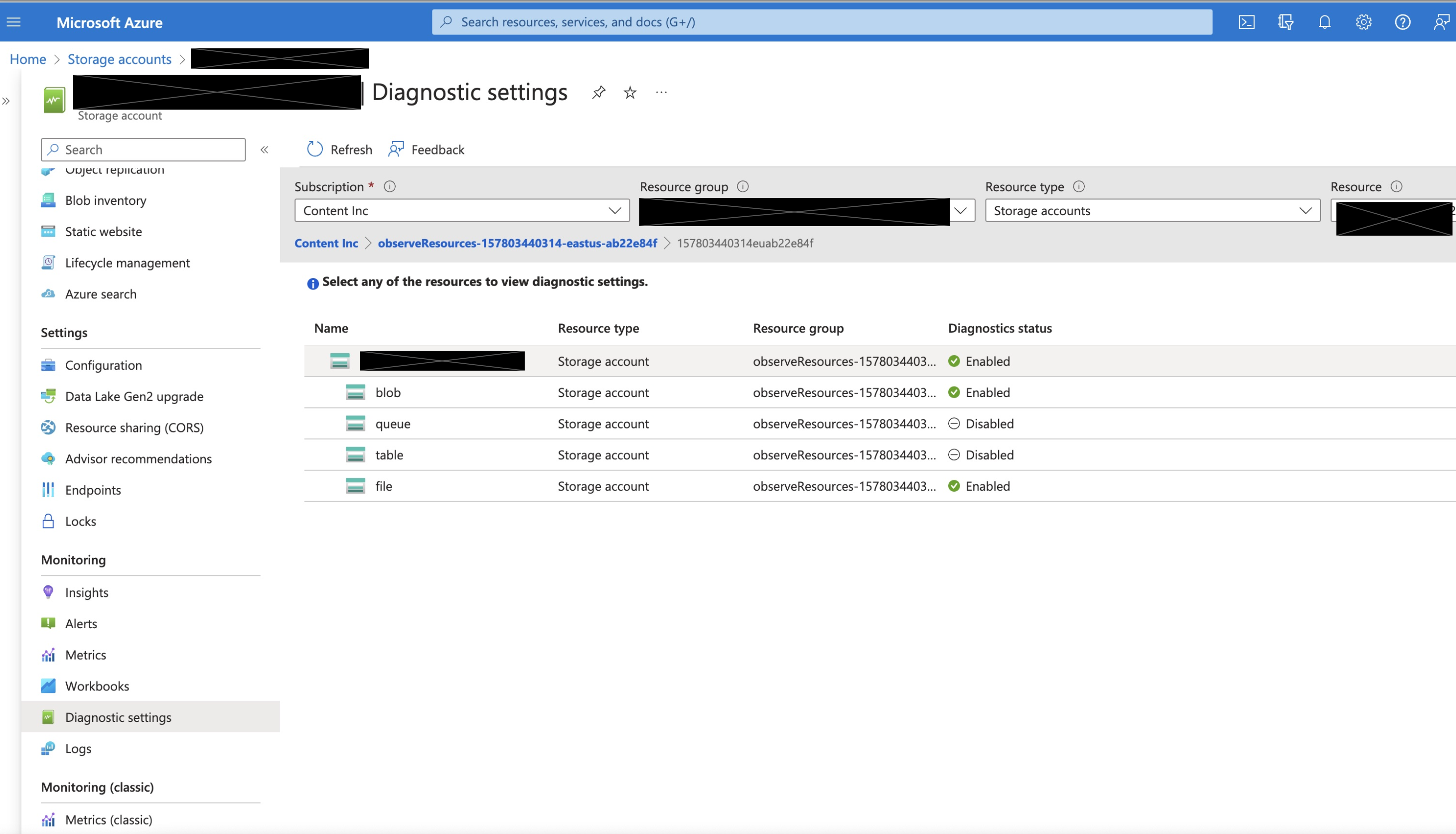 Storgae Account Diagnostic Settings