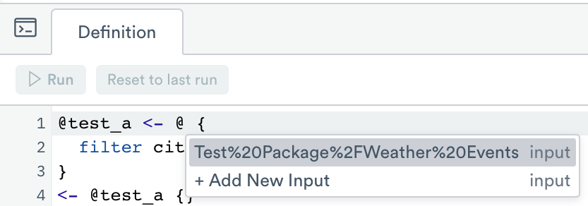 OPAL console showing an open menu after the second @ on the first line, with the "Test%20Package%2FWeather%20Events" dataset highlighted.