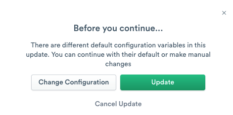 GitLab app update modal showing that default configuration variables have changed for the new update.
