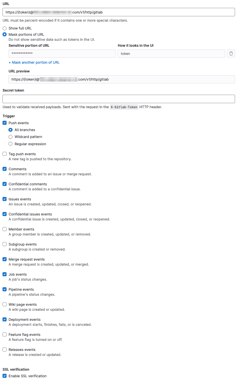 GitLab app webhook setup page on the GitLab website.