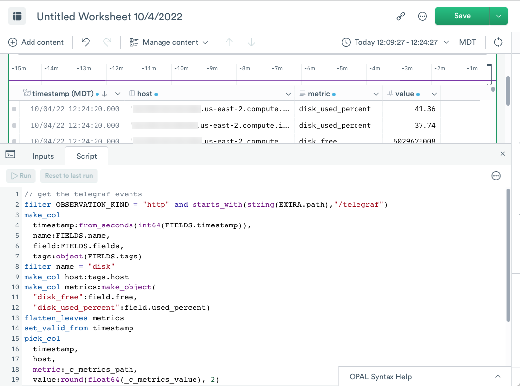 The completed OPAL script, with rows of metrics in the data table. Each row contains timestamp, host, metric, and value columns.