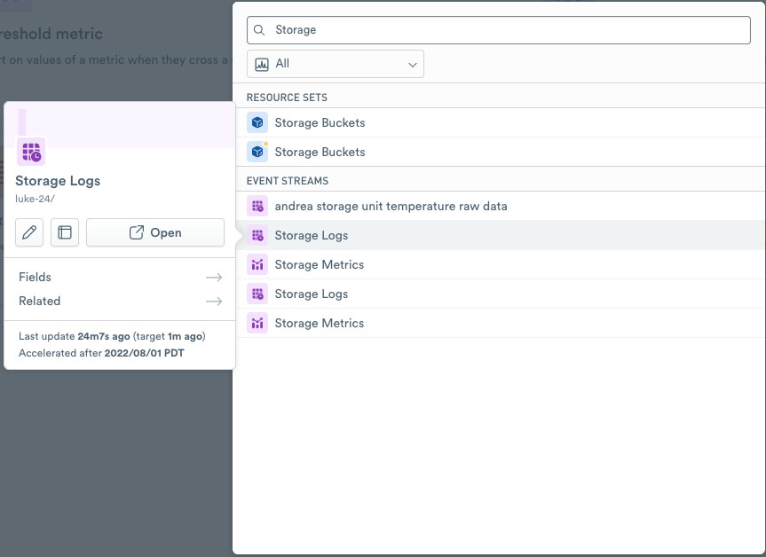The GraphLink dataset selection dialog, showing the GCP Compute Logs dataset selected