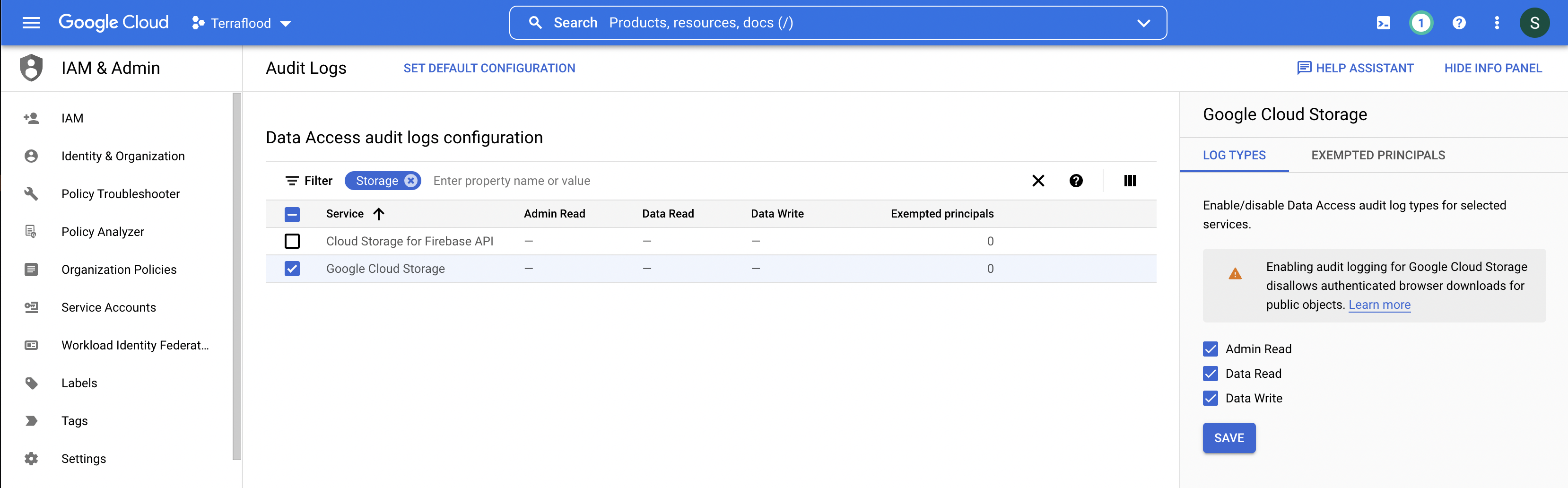 To enable audit logs, under the "Services" column, select "Google Cloud Storage" and then from the right-hand side select which audit logs you wish to capture.