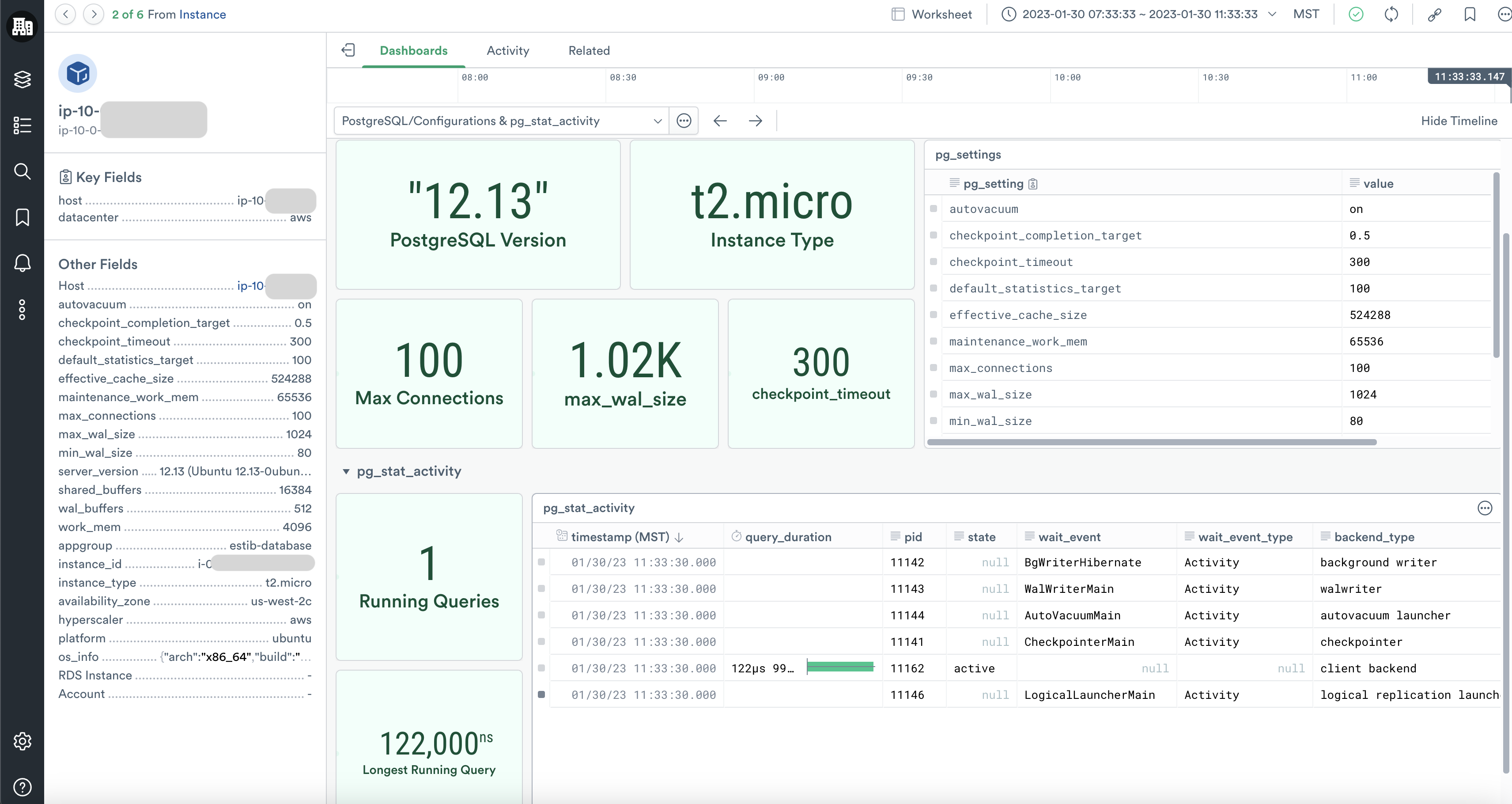 PostgreSQL Configurations. View an instance's key pg_settings and pg_stat_activity without having to leave Observe.
