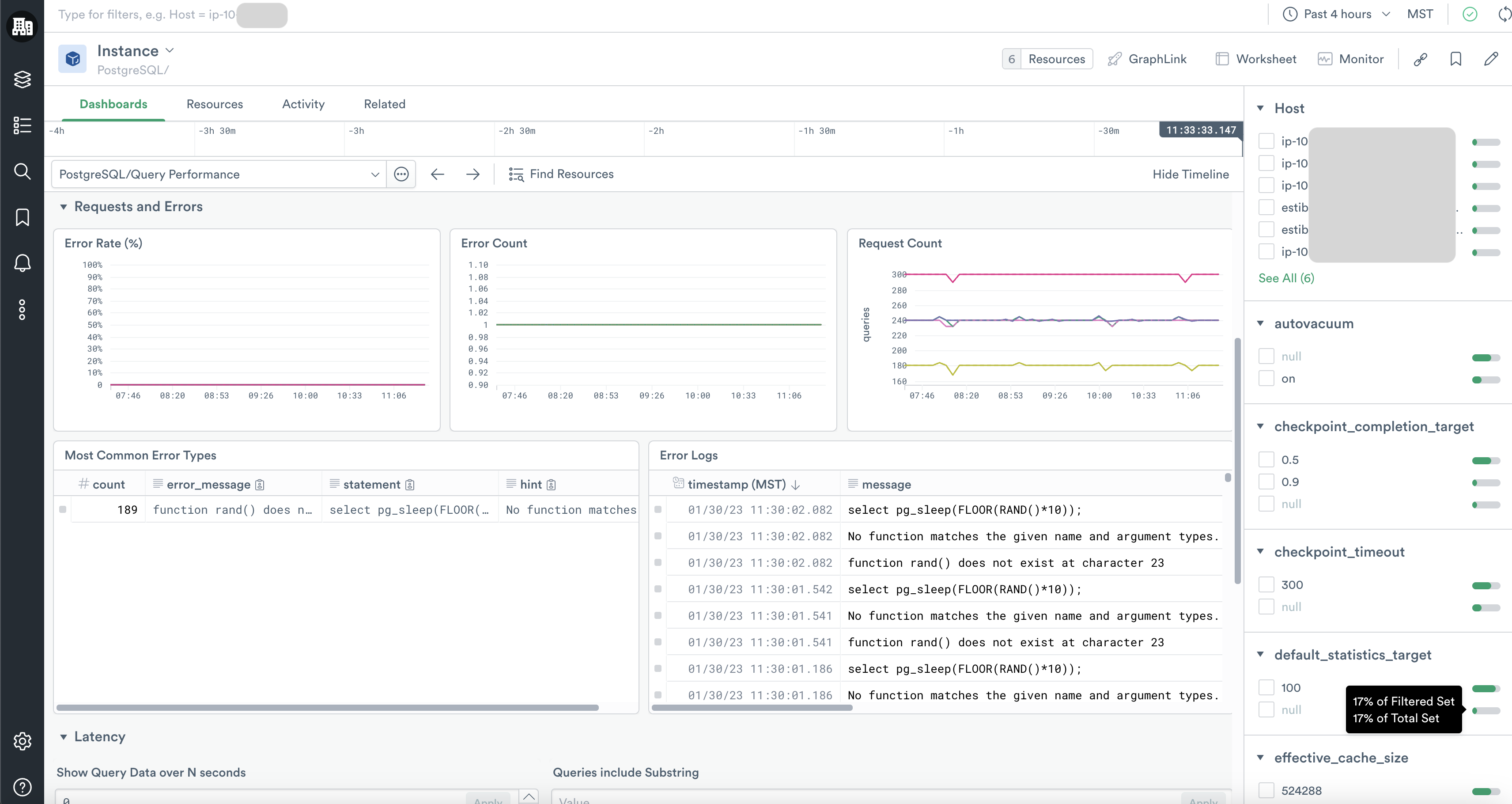 PostgreSQL Query Performance. Visualizations include query and error rates, slower query counts, and latency.